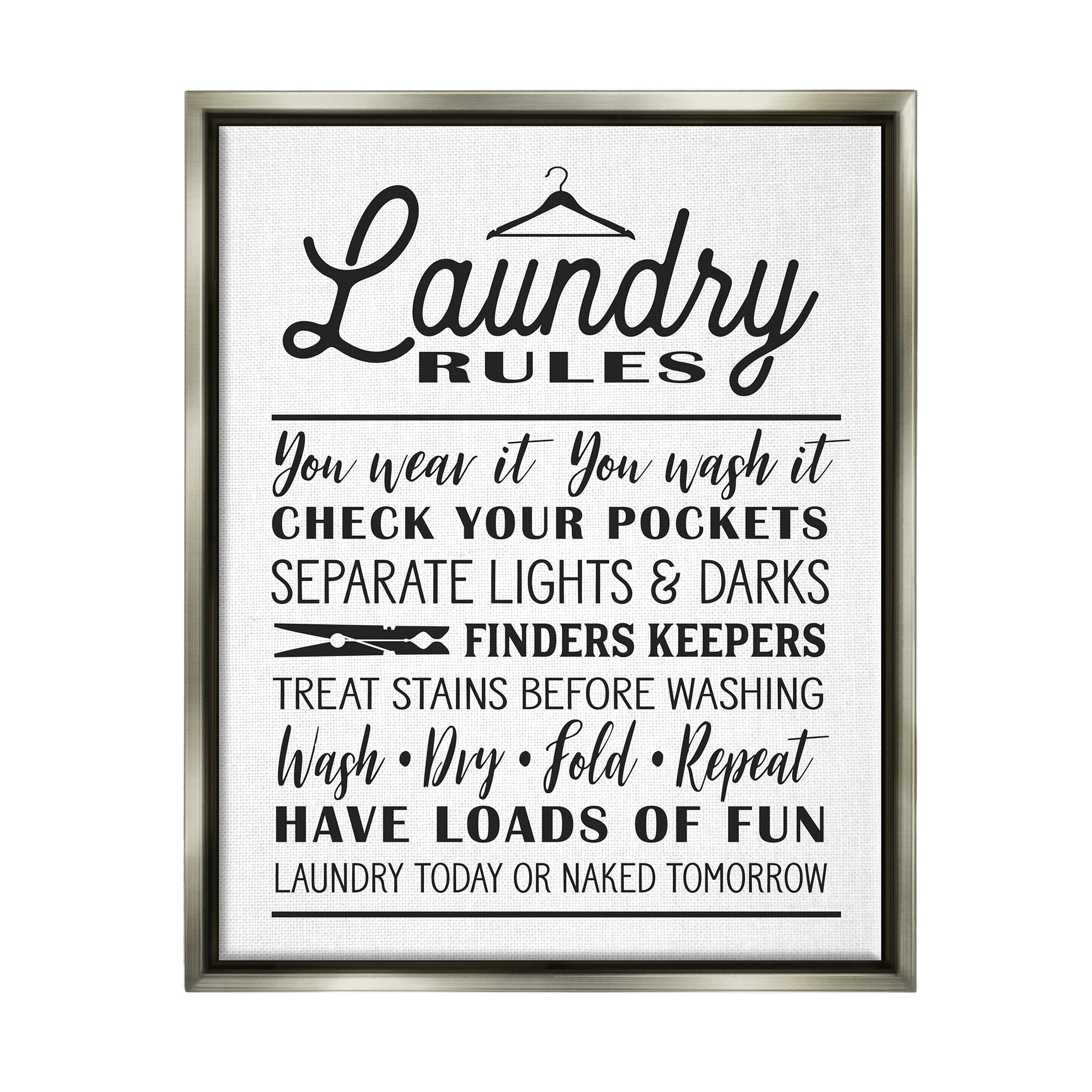 Stupell Industries Laundry Rules with Hanger Typography Luster Gray Framed Floating Canvas Wall Art, 16x20, by Lettered and Lined