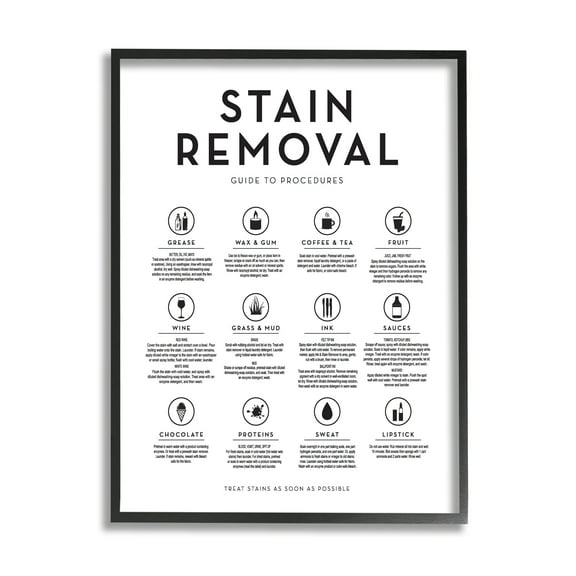 Laundry Stain Removal Guide Helpful Symbols Chart Black Framed Giclee Art, 16 x 20, Made In USA