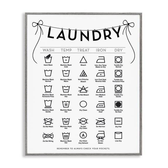 Stupell Industries Cottage Laundry Symbols with Ribbon Accent Gray Framed Giclee Art, 16 x 20, by Lettered and Lined