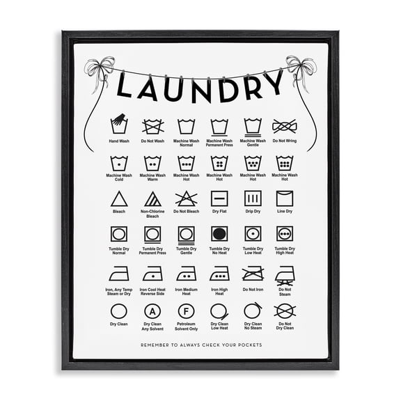 Stupell Industries Laundry Symbols with Vintage Ribbons Black Framed Floater Canvas Wall Art design by Lettered and Lined, 21 x 17