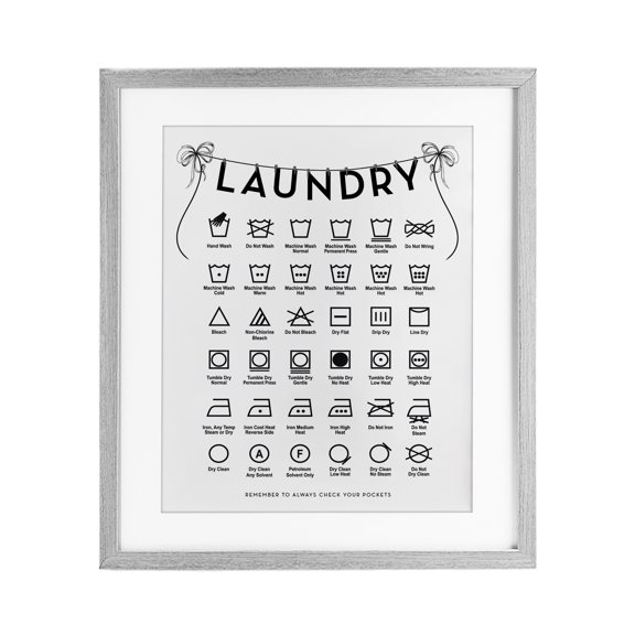 Stupell Industries Laundry Symbols with Vintage Ribbons Gray Framed Print Under Glass design by Lettered and Lined, 16 x 13