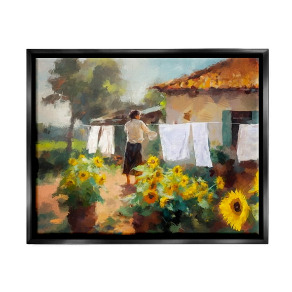 Stupell Industries Laundry in Countryside Figurative Painting Black Floater Framed Art Print Wall Art, 21 x 17