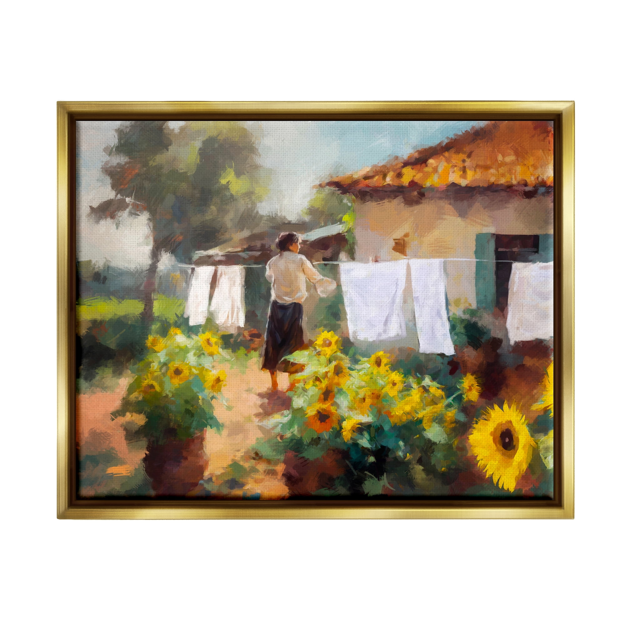 Stupell Industries Laundry in Countryside Figurative Painting Gold Floater Framed Art Print Wall Art, 21 x 17