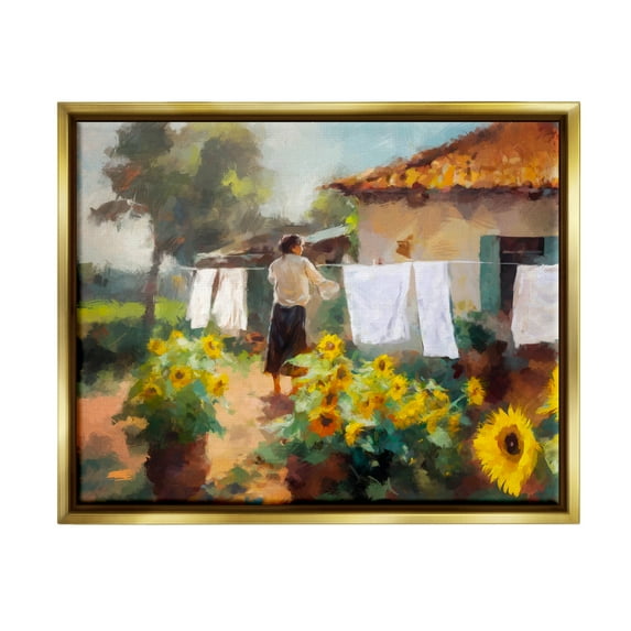 Stupell Industries Laundry in Countryside Figurative Painting Gold Floater Framed Art Print Wall Art, 31 x 25
