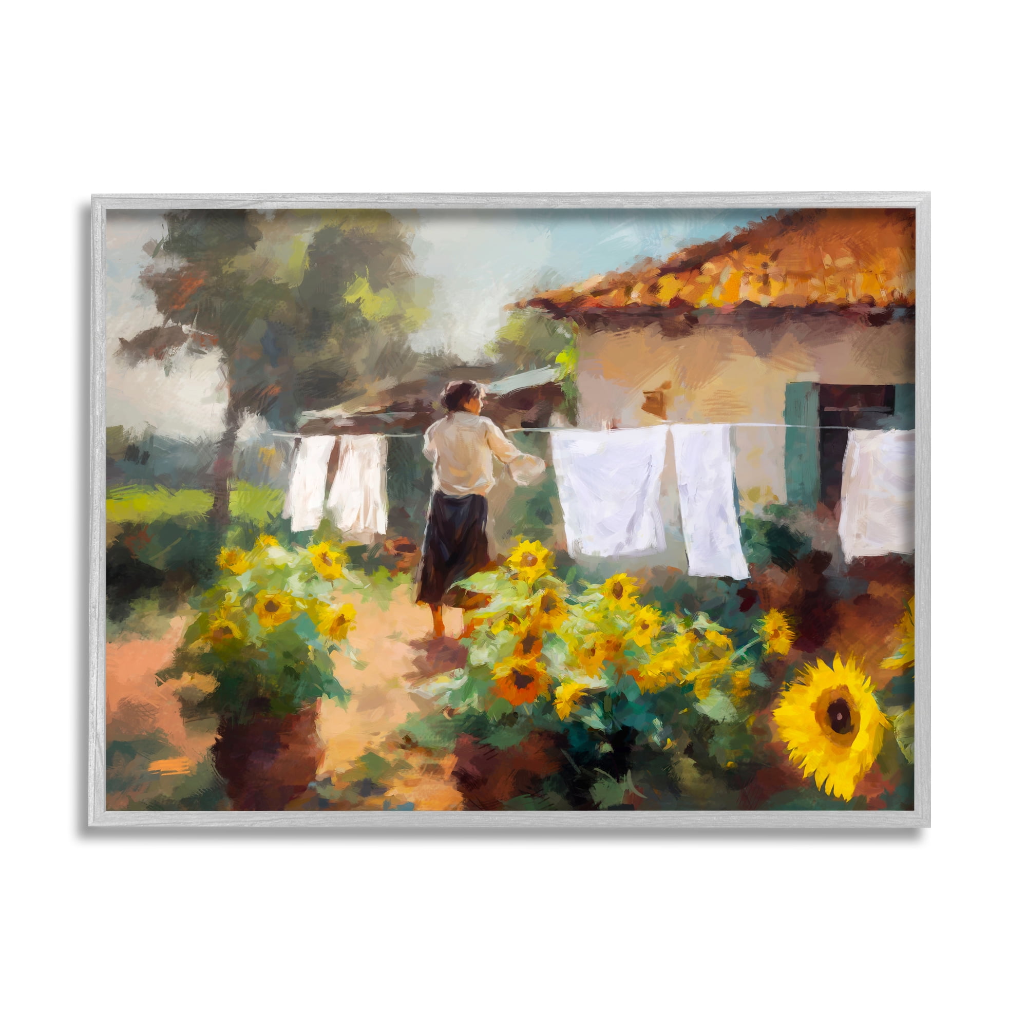 Stupell Industries Laundry in Countryside Figurative Painting Gray Framed Art Print Wall Art, 20 x 16