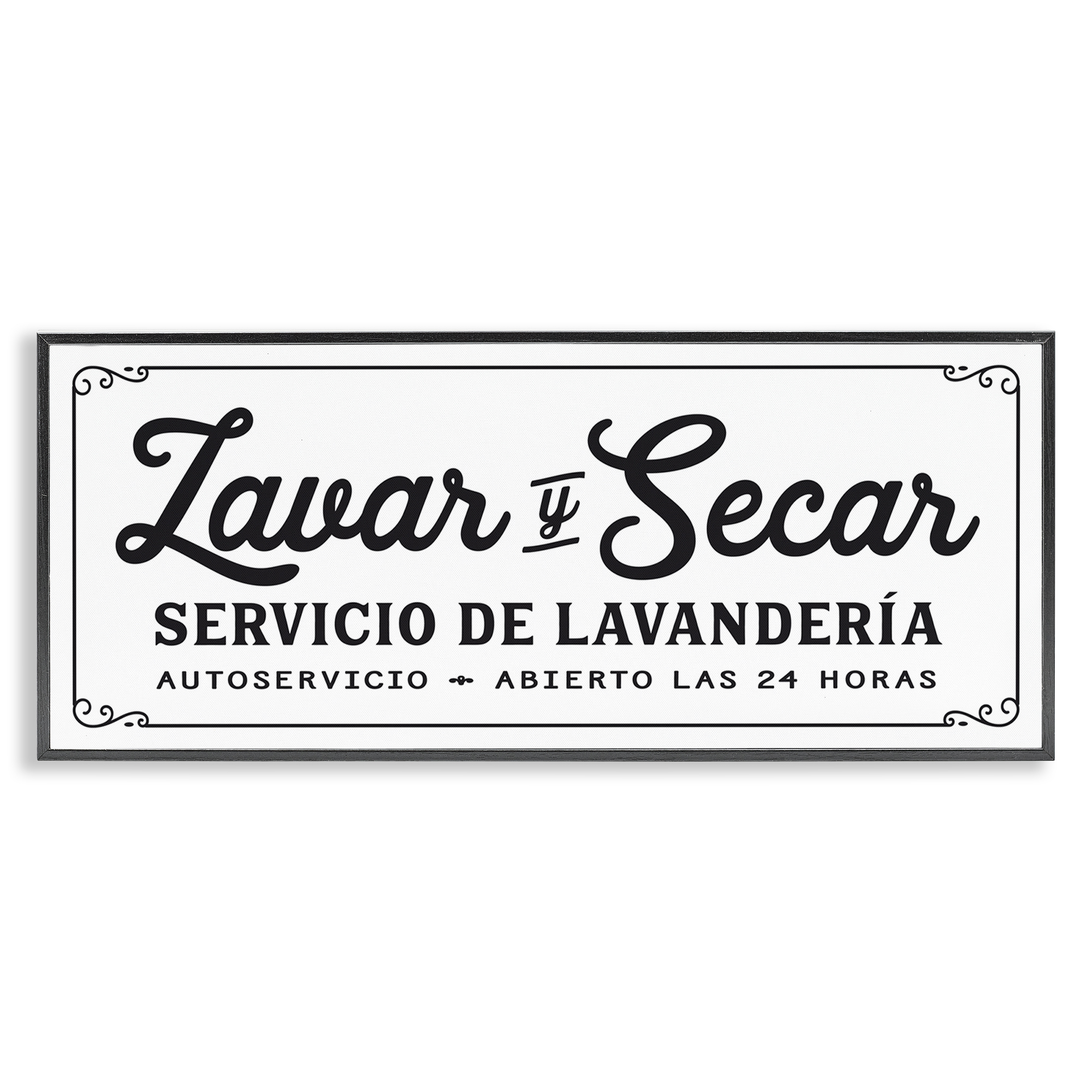 Stupell Industries Lavar y Secar Lavandería Abierto Bath & Laundry Painting Black Framed Art Print Wall Art, 30 x 13