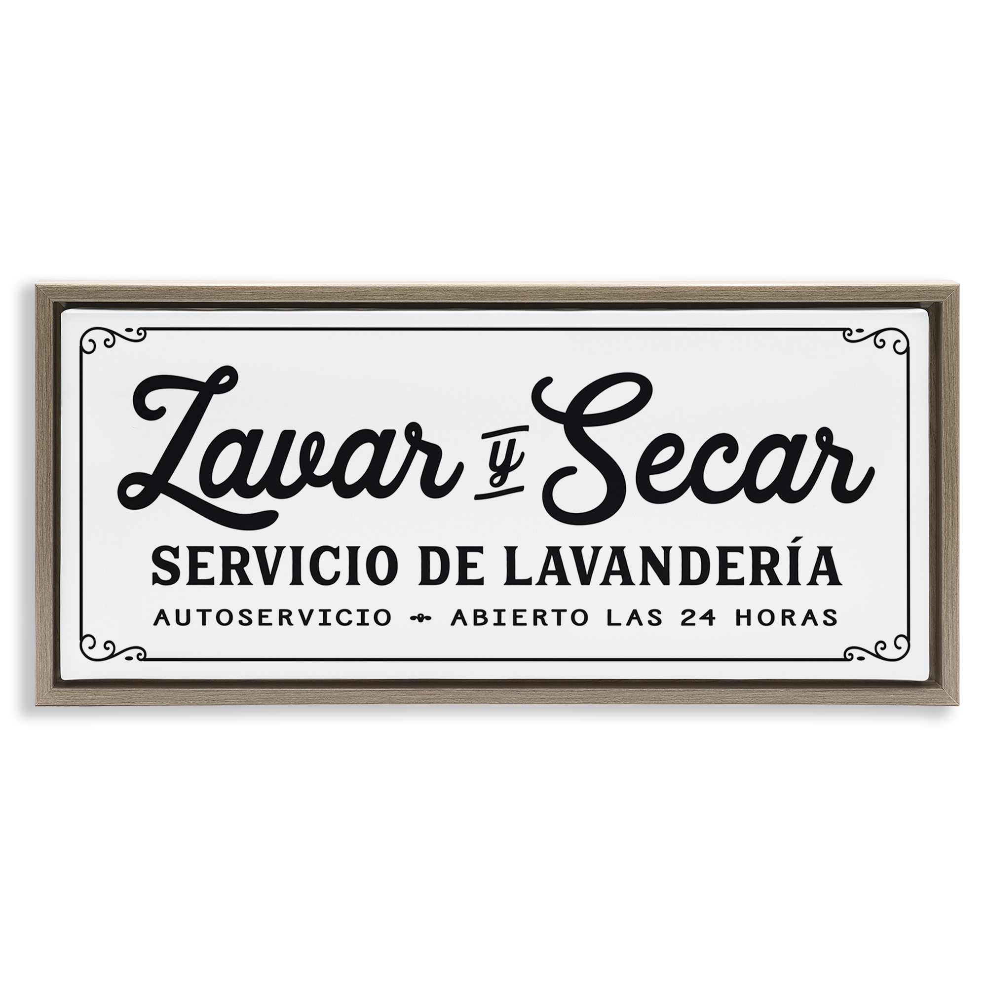 Stupell Industries Lavar y Secar Lavandería Abierto Bath & Laundry Painting Brown Floater Framed Art Print Wall Art, 25 x 11