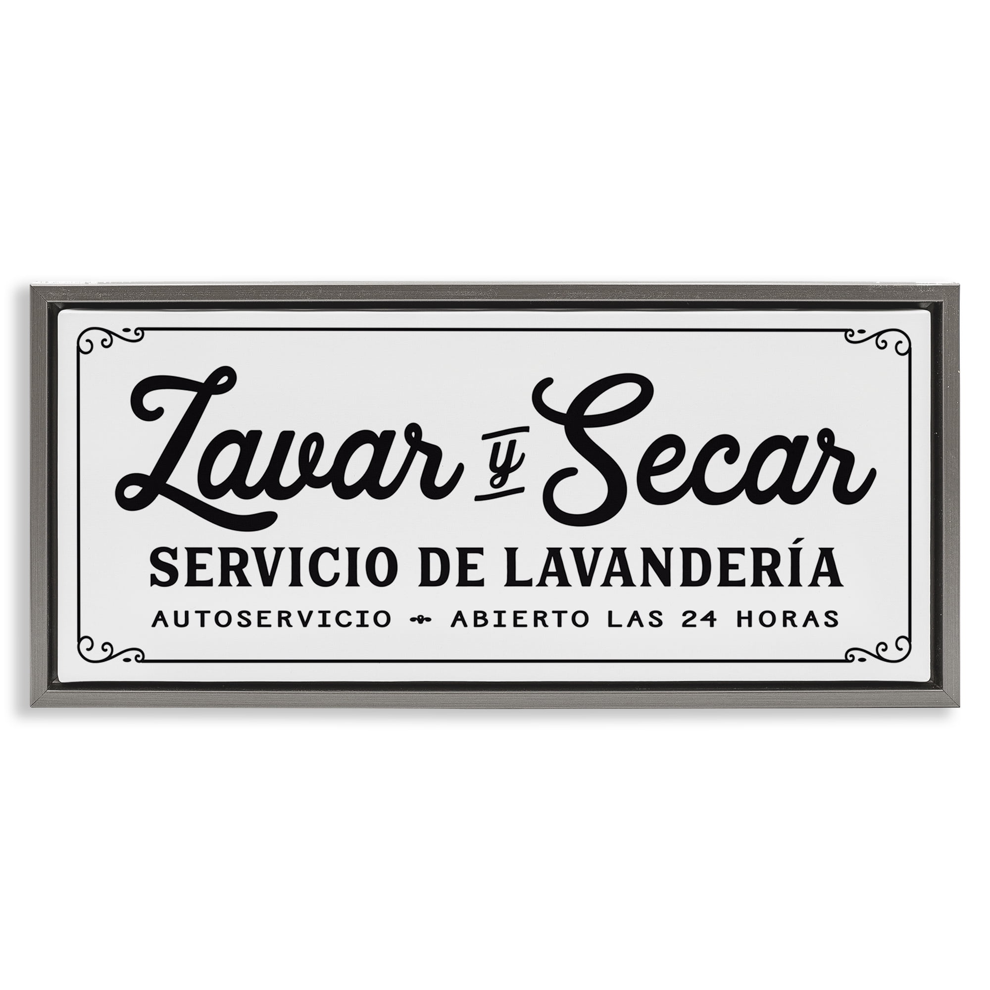 Stupell Industries Lavar y Secar Lavandería Abierto Bath & Laundry Painting Gray Floater Framed Art Print Wall Art, 25 x 11