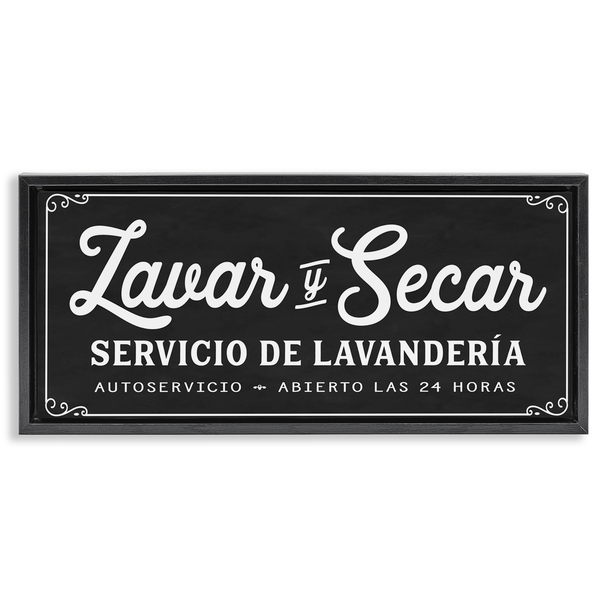 Stupell Industries Lavar y Secar Lavandería Bath & Laundry Painting Black Floater Framed Art Print Wall Art, 31 x 14