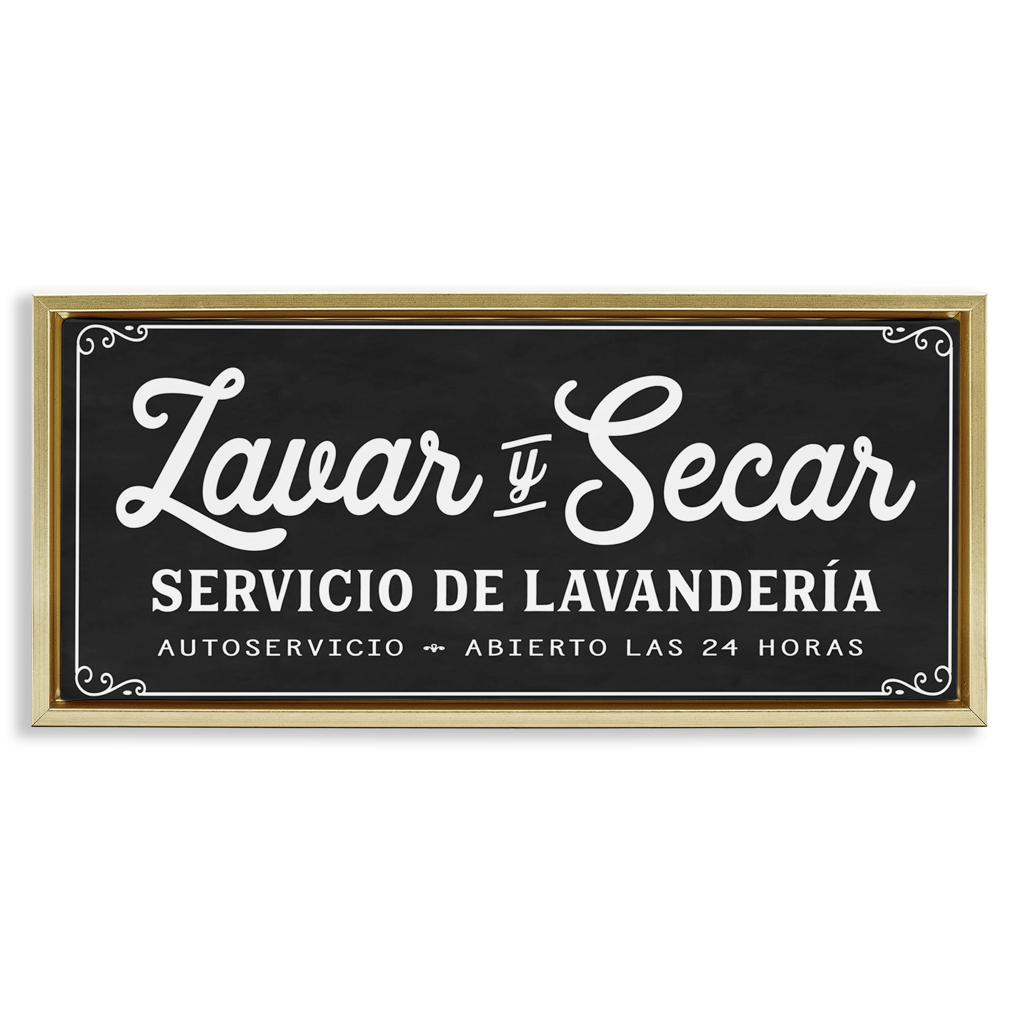Stupell Industries Lavar y Secar Lavandería Bath & Laundry Painting Gold Floater Framed Art Print Wall Art, 25 x 11