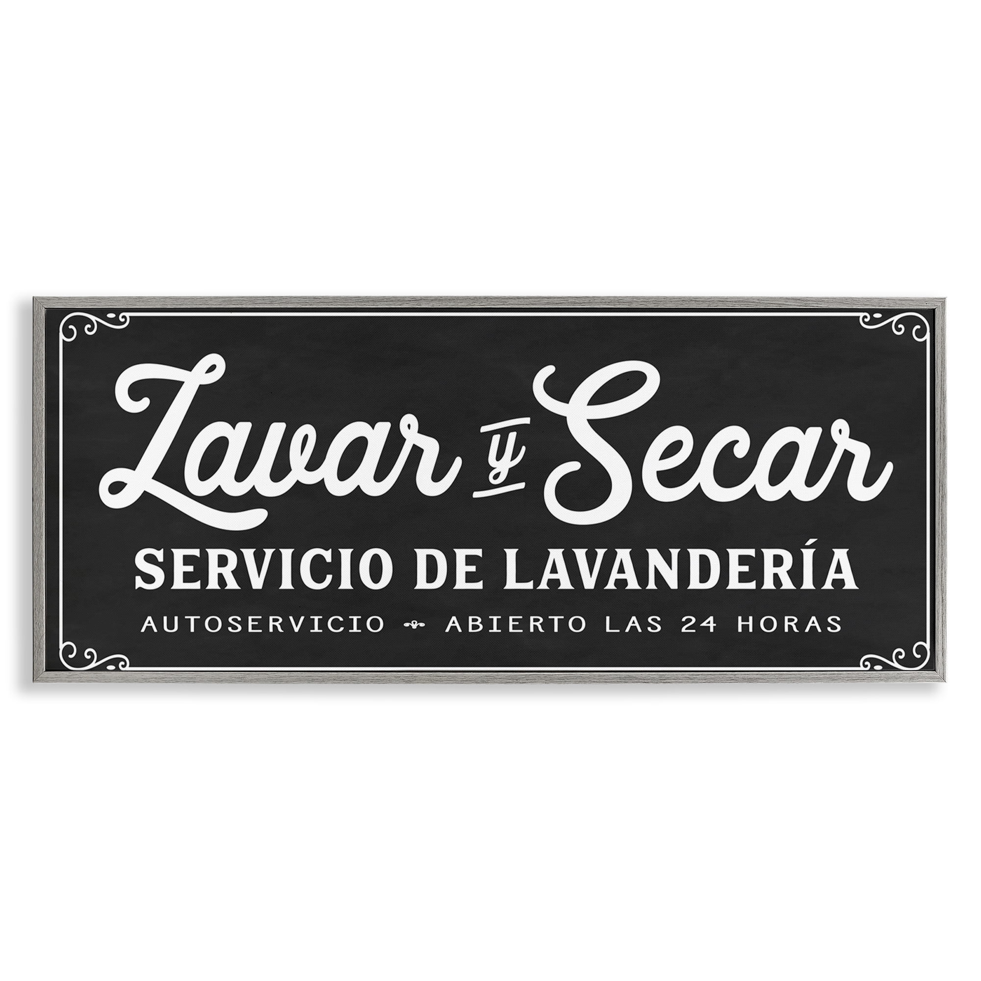 Stupell Industries Lavar y Secar Lavandería Bath & Laundry Painting Gray Framed Art Print Wall Art, 24 x 10