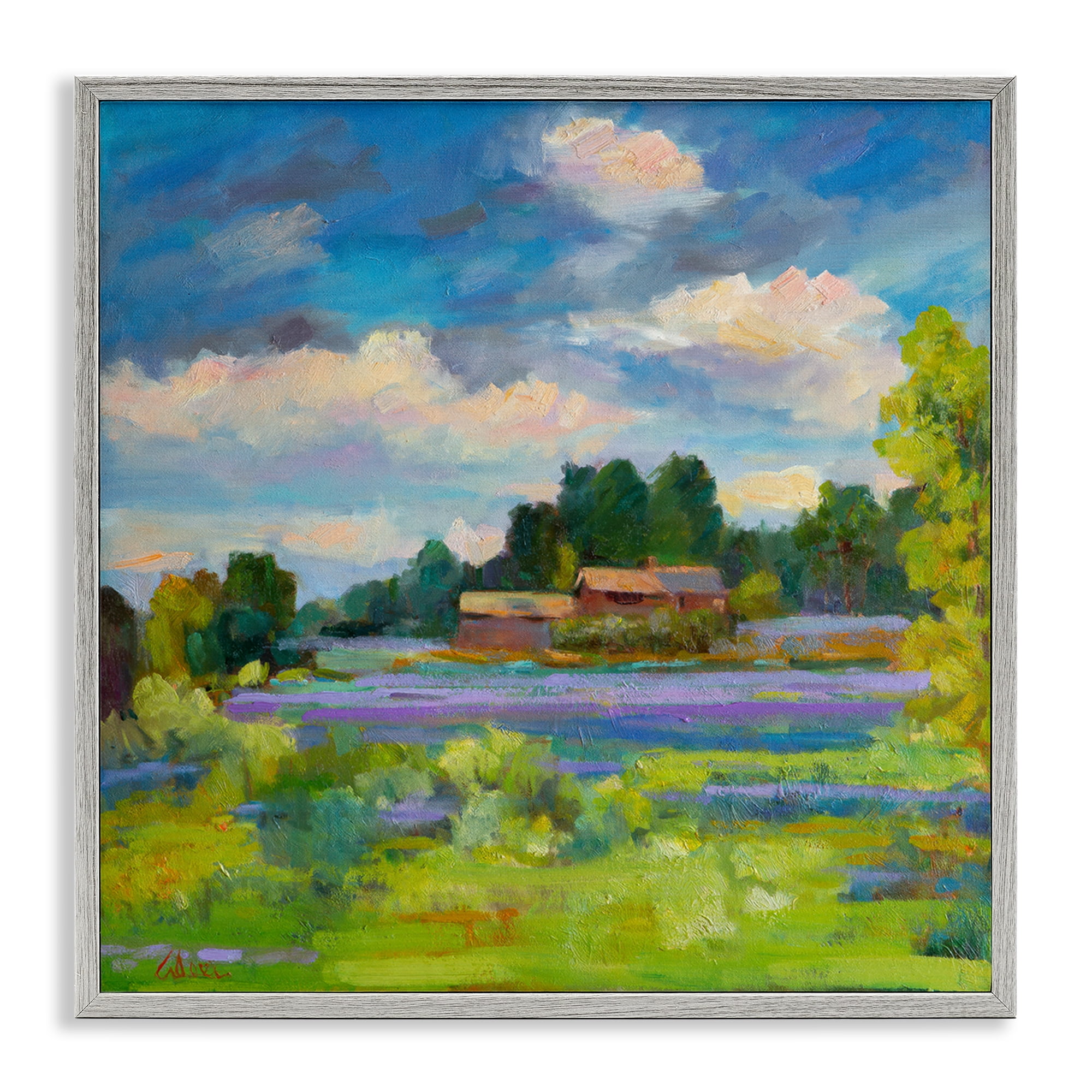 Stupell Industries Lavender Countryside Landscape Landscape & Nature Painting Gray Framed Art Print Wall Art, 24 x 24