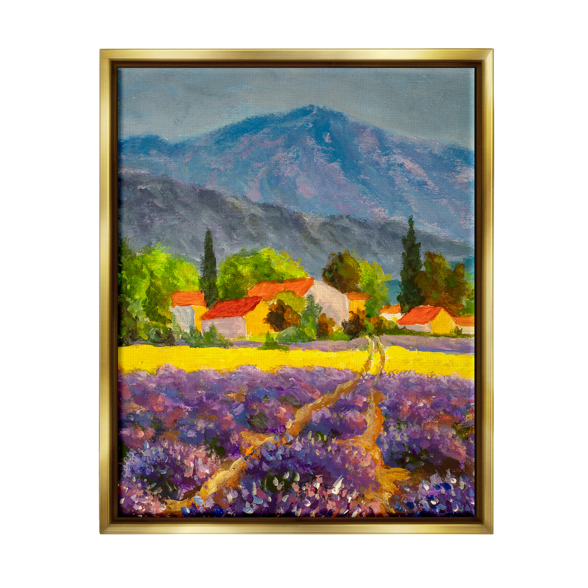 Stupell Industries Lavender Field Landscape Nature Painting Gold Floater Framed Art Print Wall Art, 25 x 31