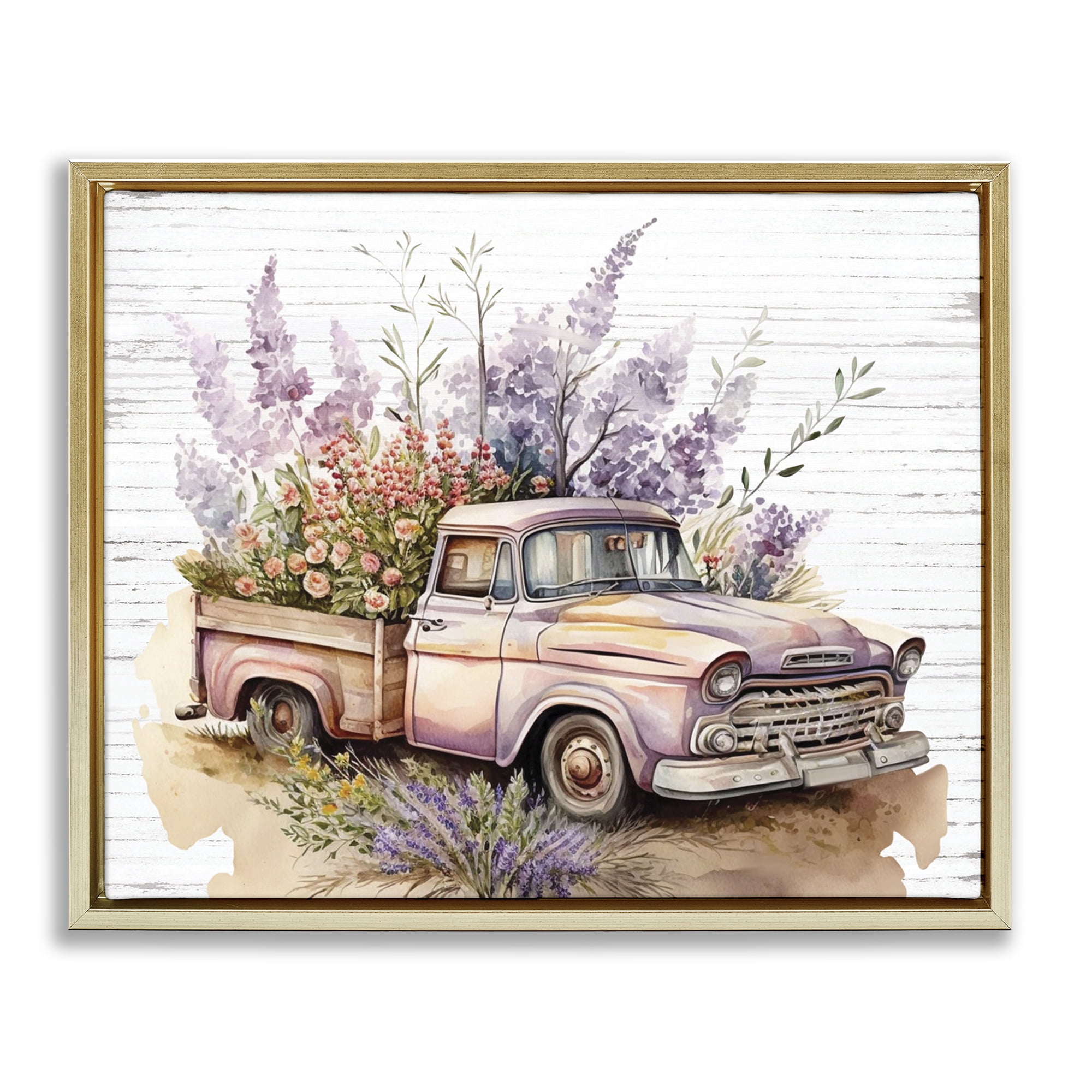 Stupell Industries Lavender Filled Truck Transportation Painting Gold Floater Framed Canvas Art Print Wall Art, 31 x 25