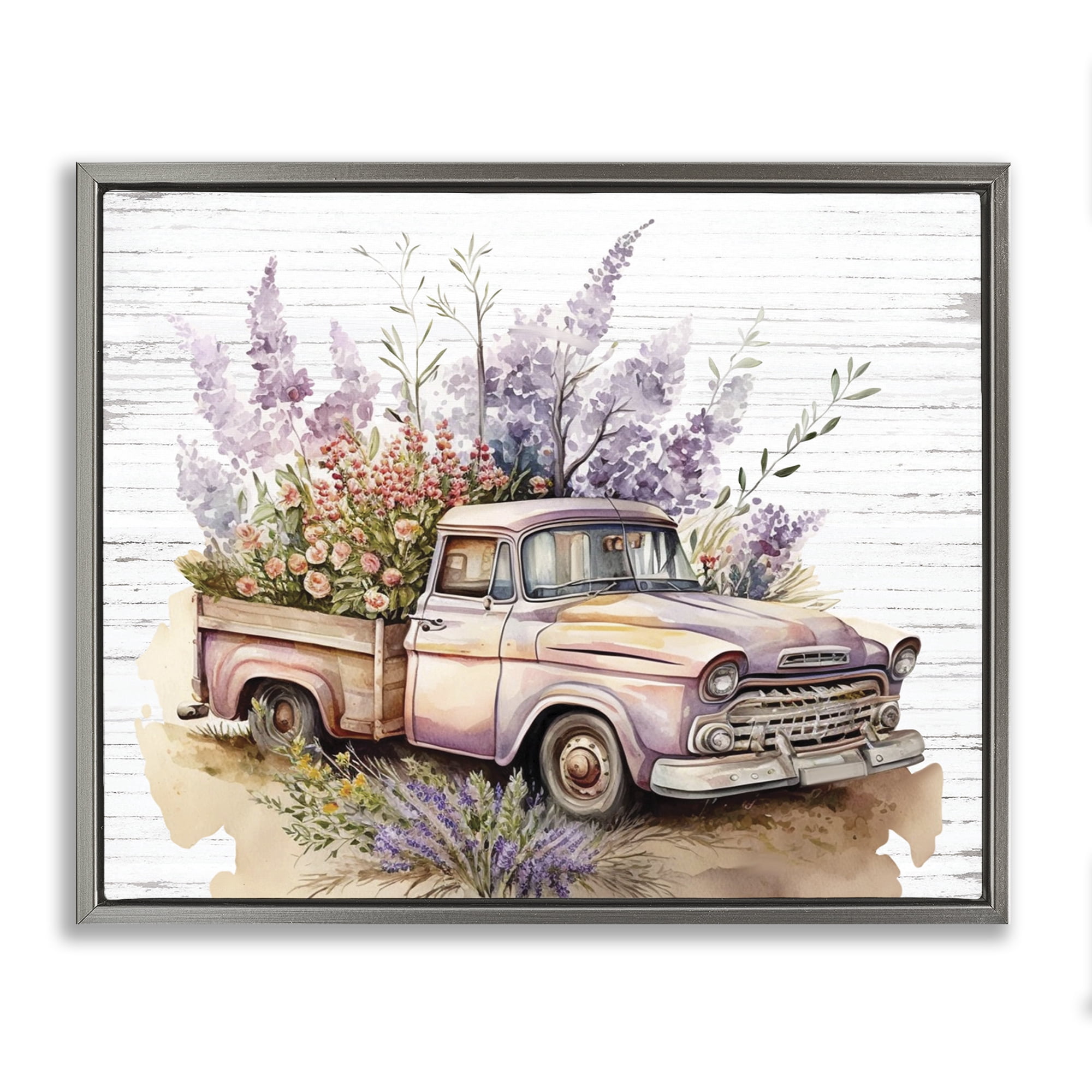 Stupell Industries Lavender Filled Truck Transportation Painting Gray Floater Framed Canvas Art Print Wall Art, 21 x 17