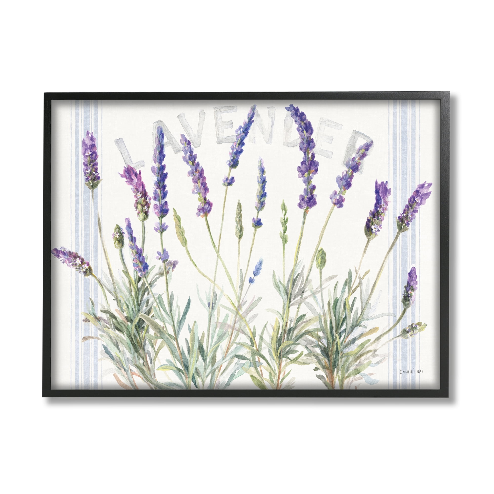Stupell Industries Lavender Floral Cluster Farmhouse Bistro Stripes Botanical & Floral Painting Black Framed Art Print Wall Art, 16 x 20