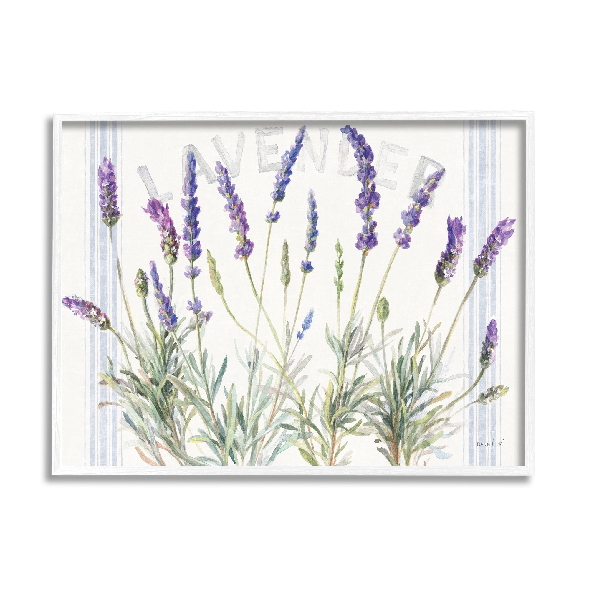 Stupell Industries Lavender Floral Cluster Farmhouse Bistro Stripes Botanical & Floral Painting White Framed Art Print Wall Art, 16 x 20