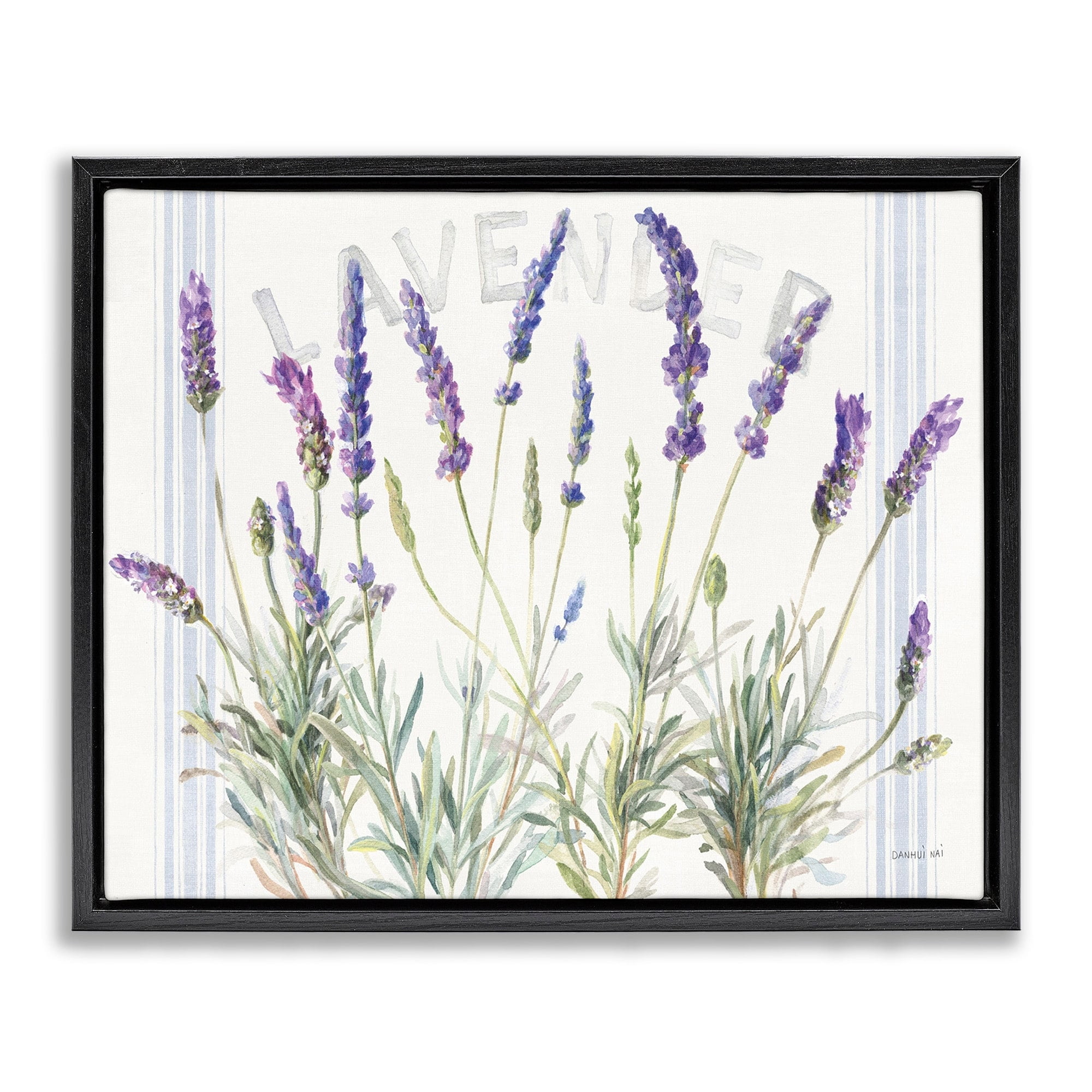 Stupell Industries Lavender Floral Cluster Farmhouse Bistro Stripes Jet Black Framed Floating Canvas Wall Art, 16x20, by Danhui Nai