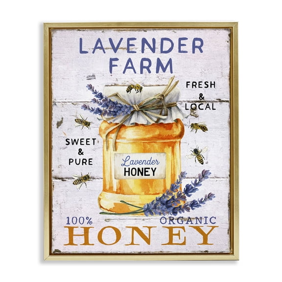 Stupell Industries Lavender Honey Farmhouse Insects Painting Gold Floater Framed Canvas Art Print Wall Art, 17 x 21