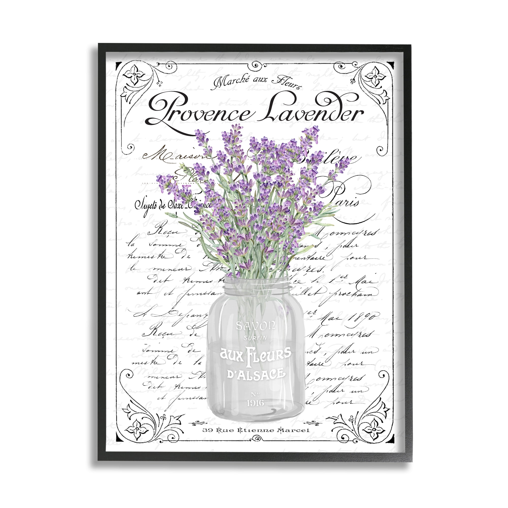 Lavender Sprigs Bouquet French Script Canvas Print with Black Frame