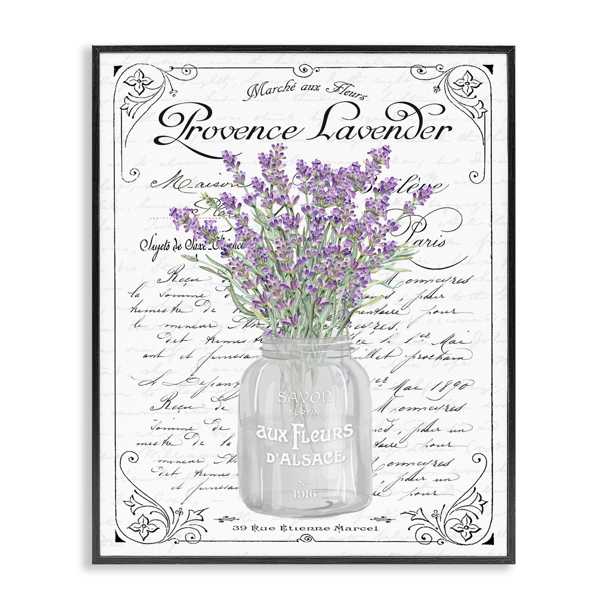 Stupell Industries Lavender Sprigs Bouquet Ornate French Script Motif Graphic Art Black Framed Art Print Wall Art, Design by Lettered and Lined