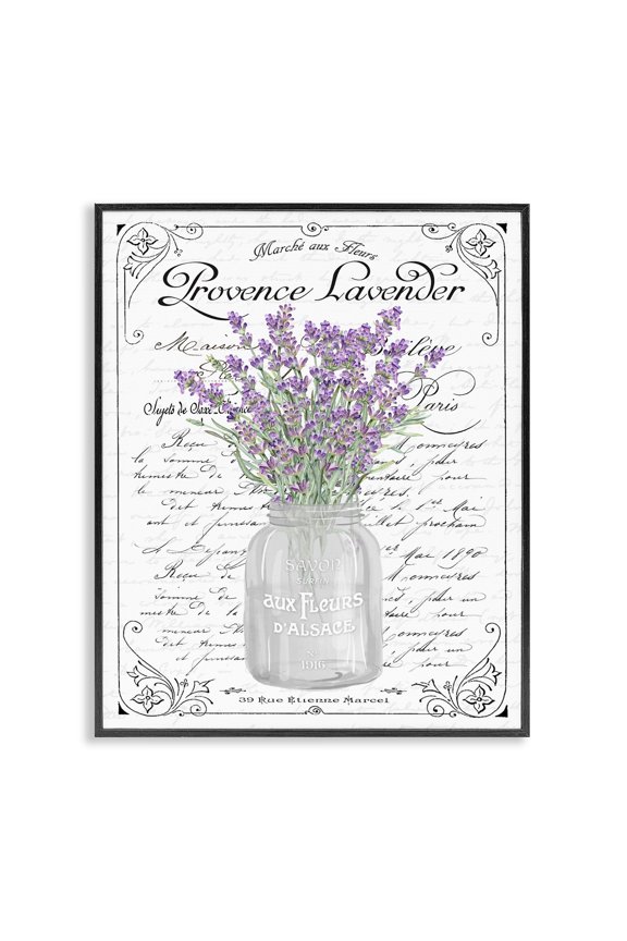 Industries Lavender Sprigs Bouquet Ornate French Script Motif Graphic Art Black Framed Art Print Wall Art, Design by Lettered and Lined