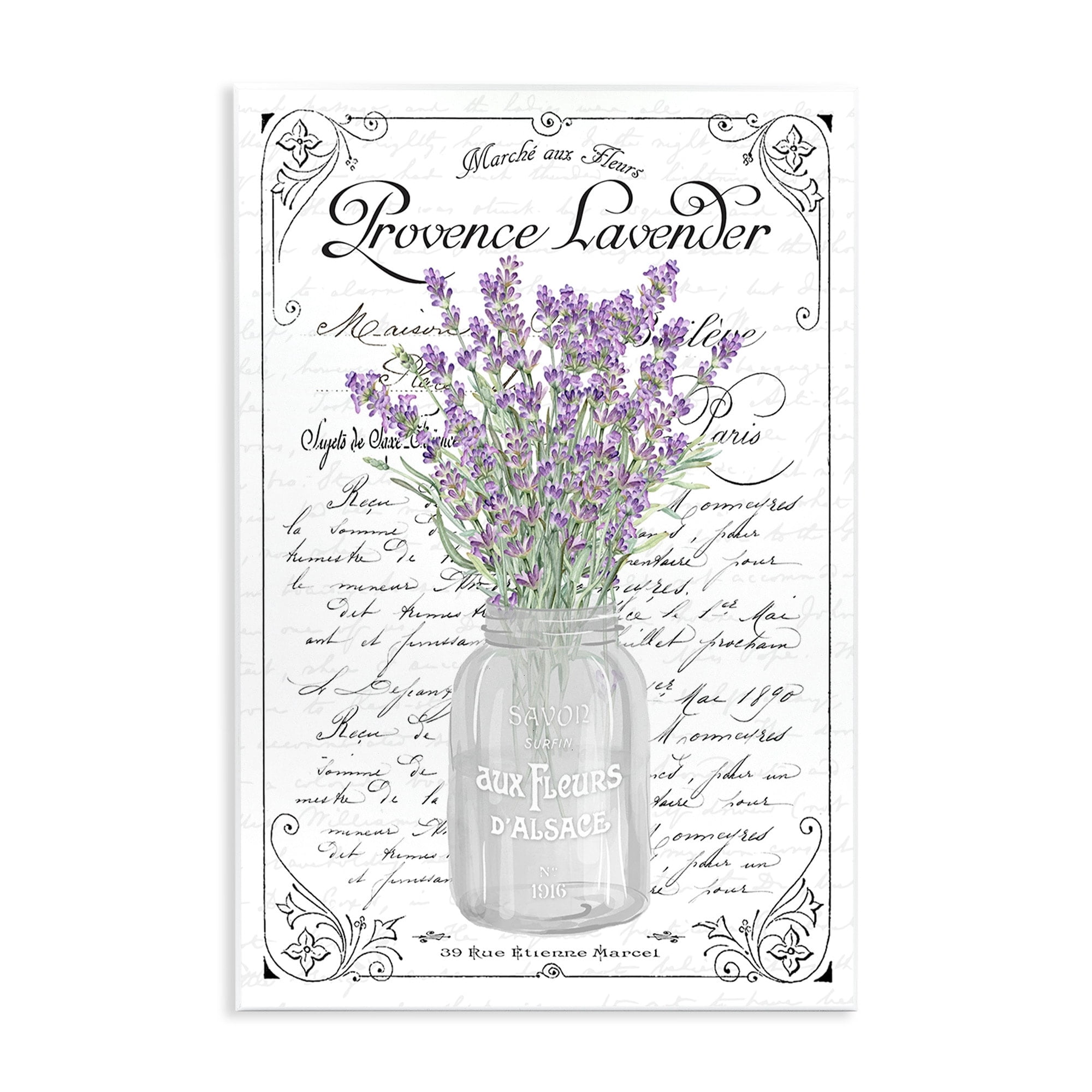 Stupell Industries Lavender Sprigs Bouquet Ornate French Script Motif Graphic Art Unframed Art Print Wall Art, Design by Lettered and Lined