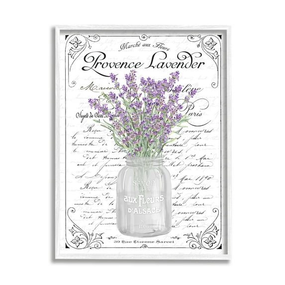 Stupell Industries Lavender Sprigs Bouquet Ornate French Script Motif Graphic Art White Framed Art Print Wall Art, Design by Lettered and Lined