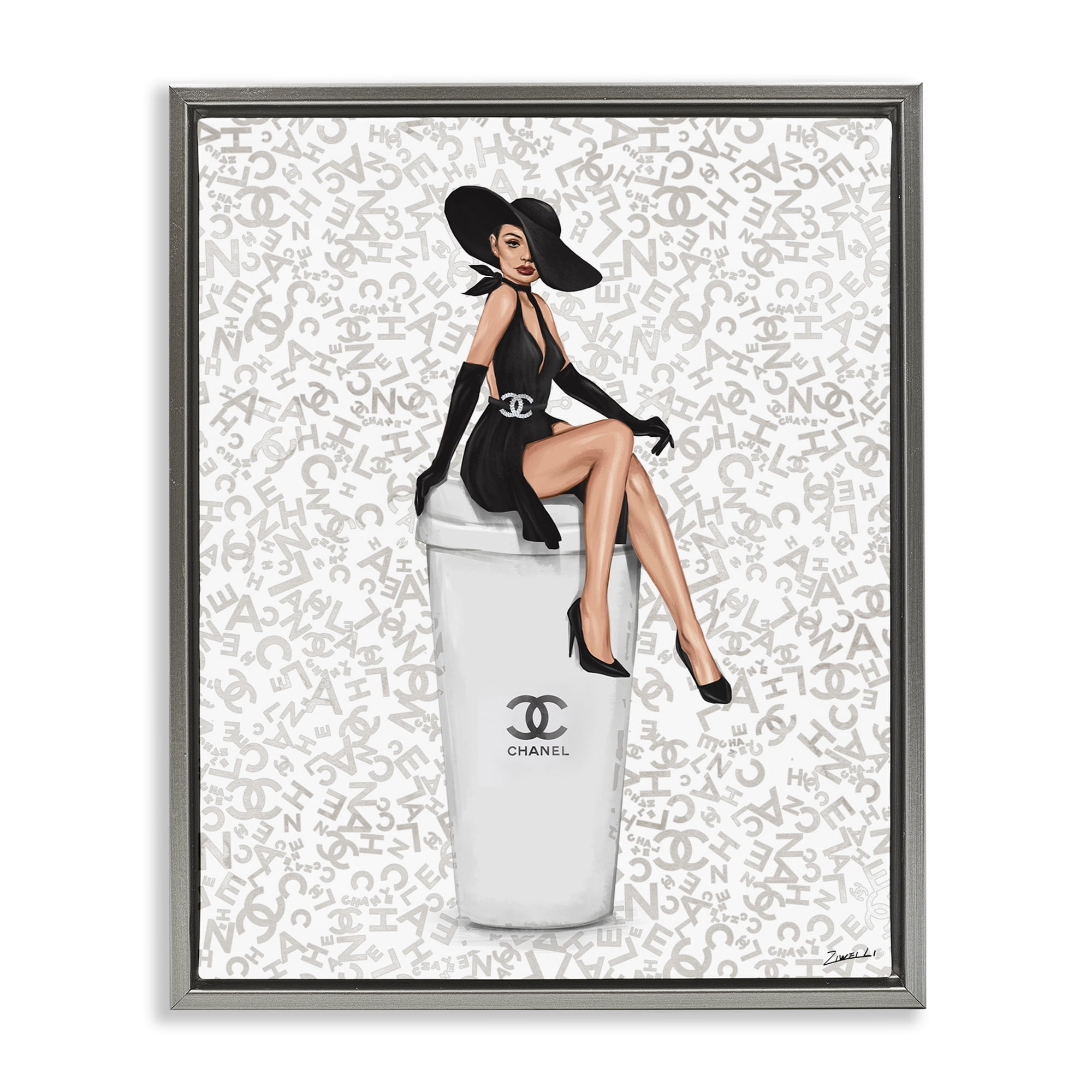 Stupell Industries Lavish Woman & Coffee Beauty & Fashion Painting Gray Floater Framed Art Print Wall Art, 17 x 21