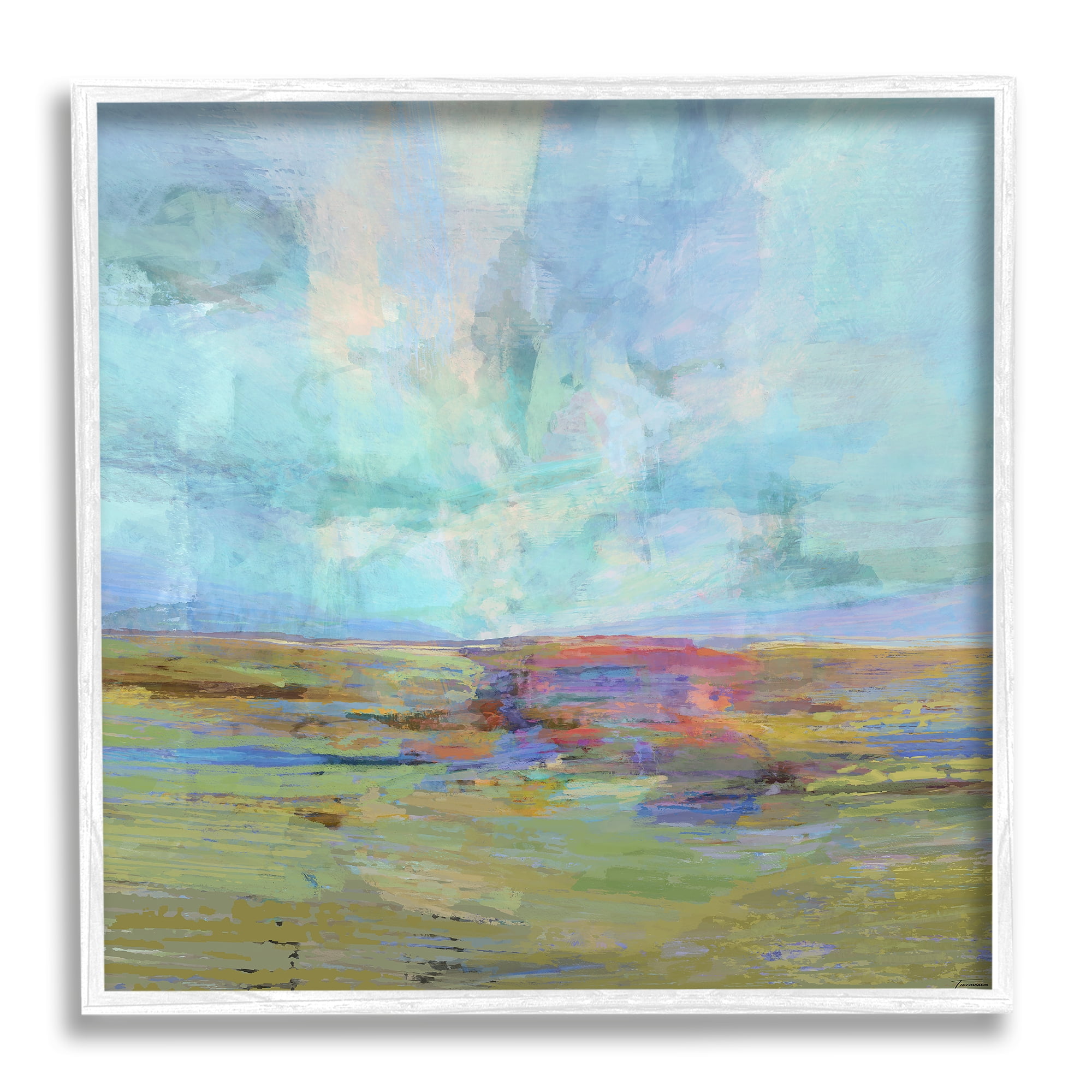 Stupell Industries Layered Abstract Grassland Scene Luminous Blue Sky Painting White Framed Art Print Wall Art, Design by Michael Tienhaara