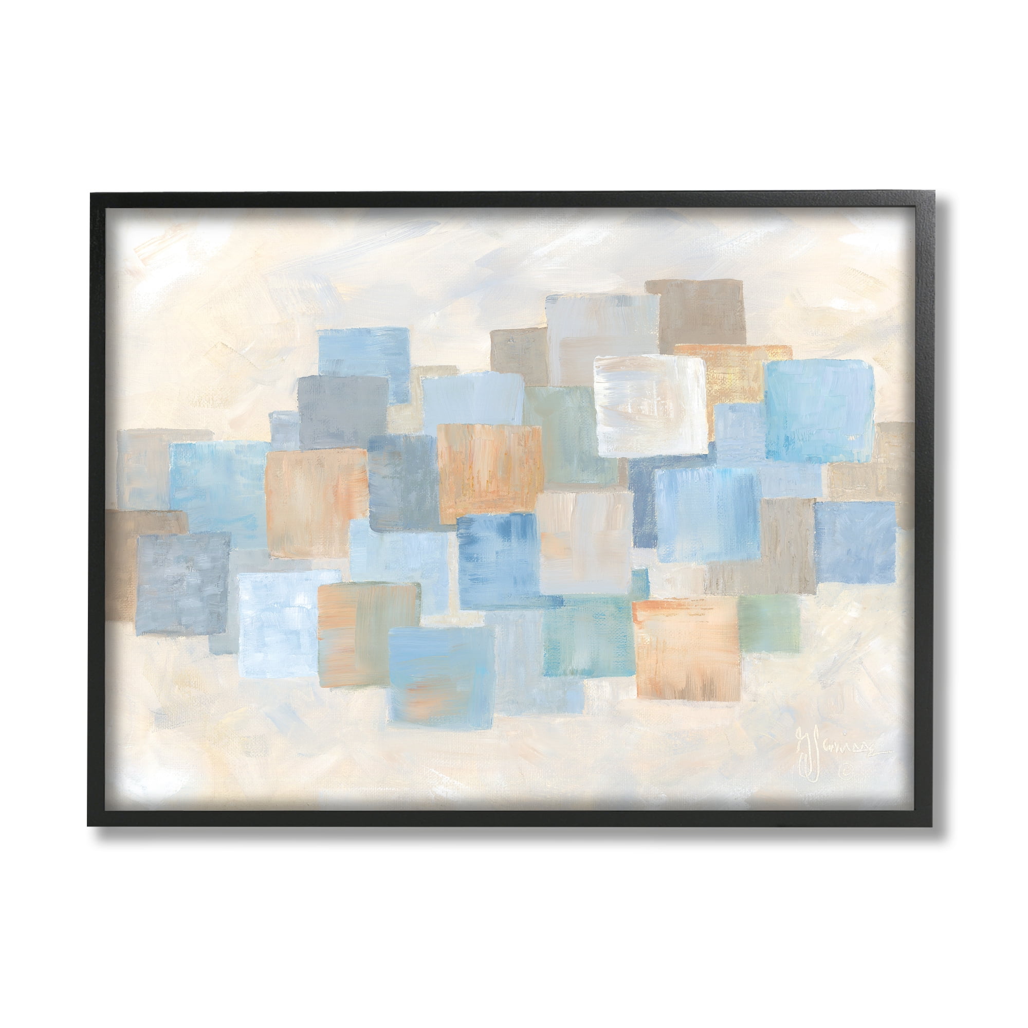Stupell Industries Layered Blue Beige Squares Abstract Painting Black Framed Art Print Wall Art, 20 x 16