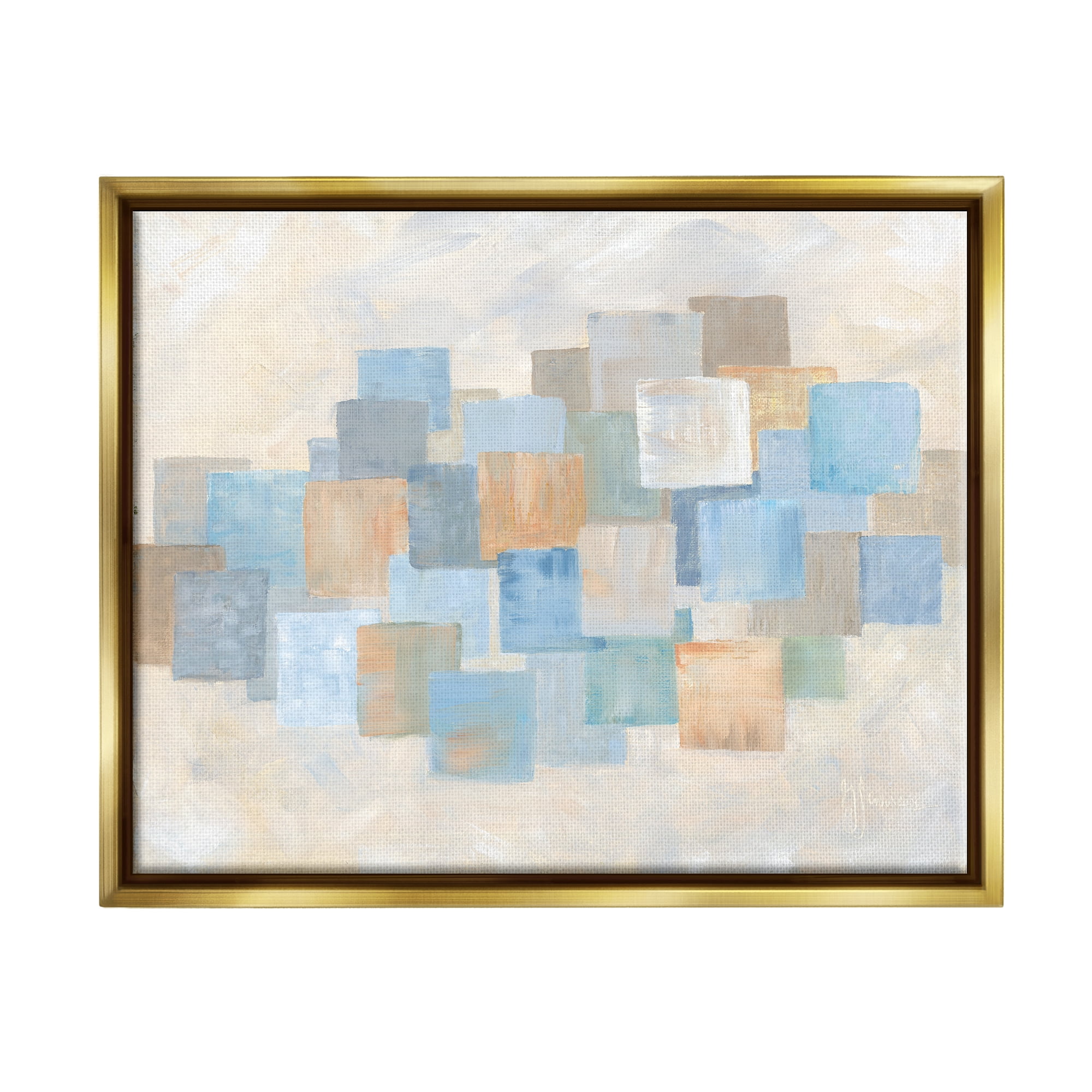 Stupell Industries Layered Blue Beige Squares Abstract Painting Gold Floater Framed Canvas Art Print Wall Art, 21 x 17
