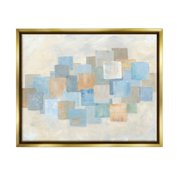 Stupell Industries Layered Blue Beige Squares Abstract Painting Gold Floater Framed Canvas Art Print Wall Art, 31 x 25