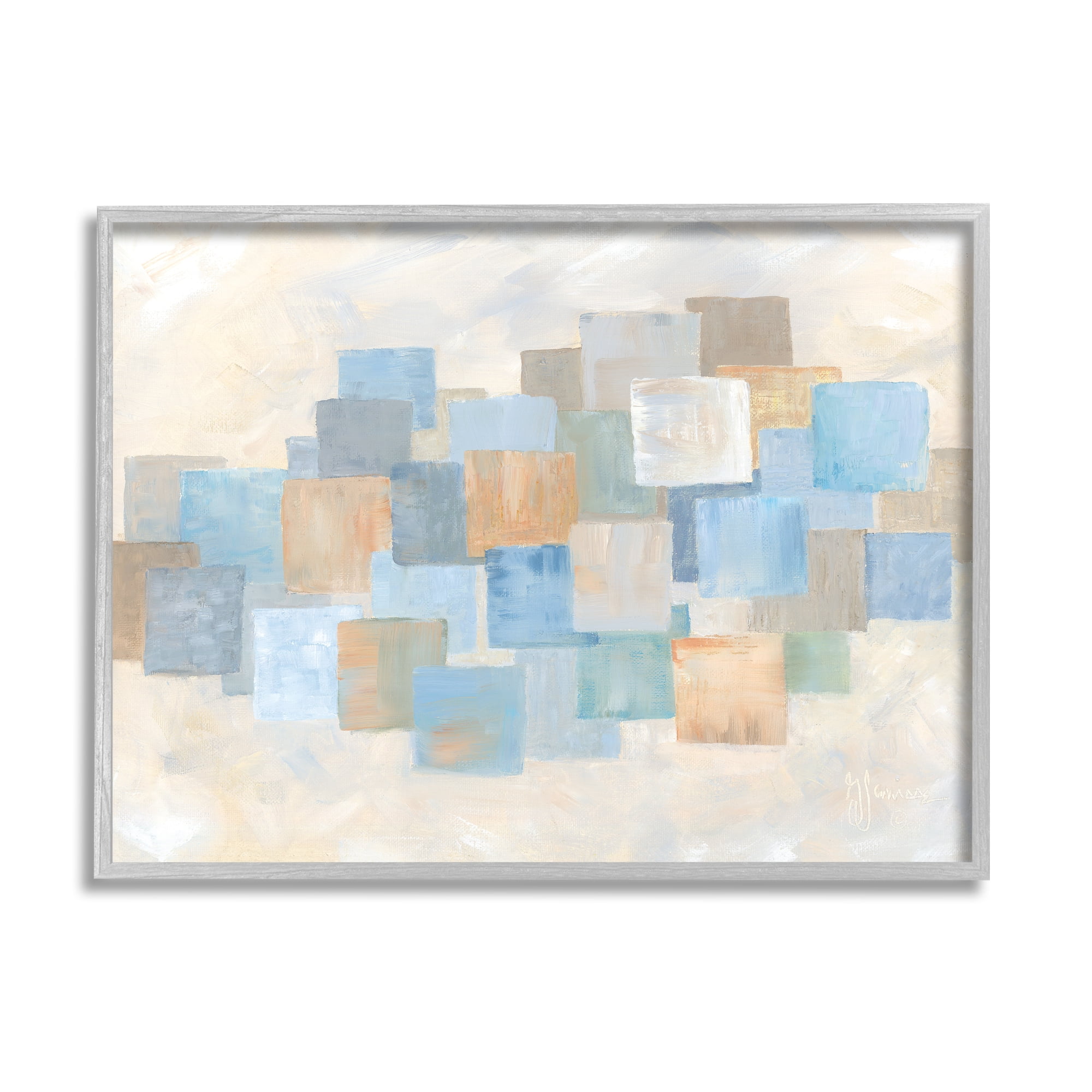 Stupell Industries Layered Blue Beige Squares Abstract Painting Gray Framed Art Print Wall Art, 20 x 16