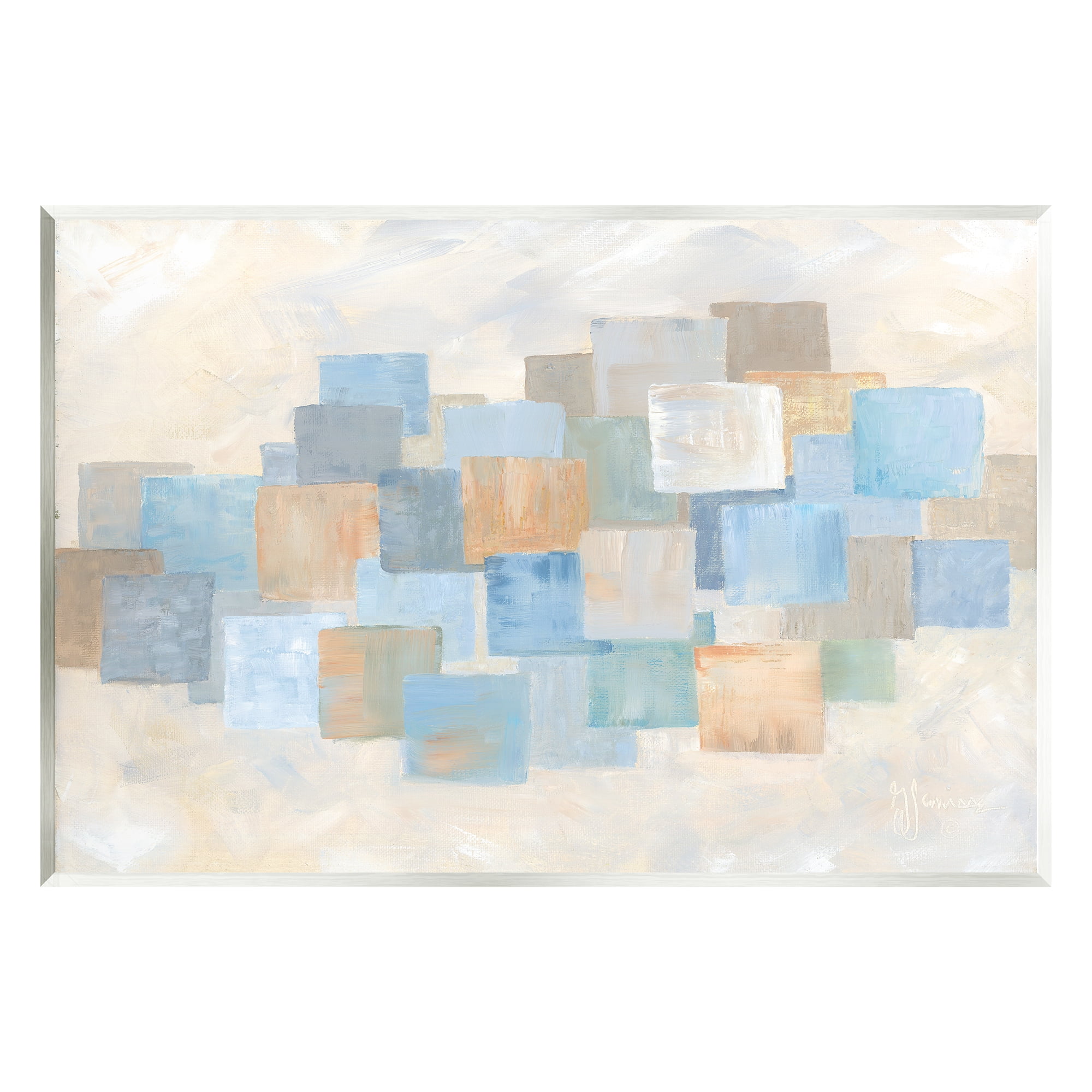 Stupell Industries Layered Blue Beige Squares Abstract Painting Unframed Art Print Wall Art, 19 x 13