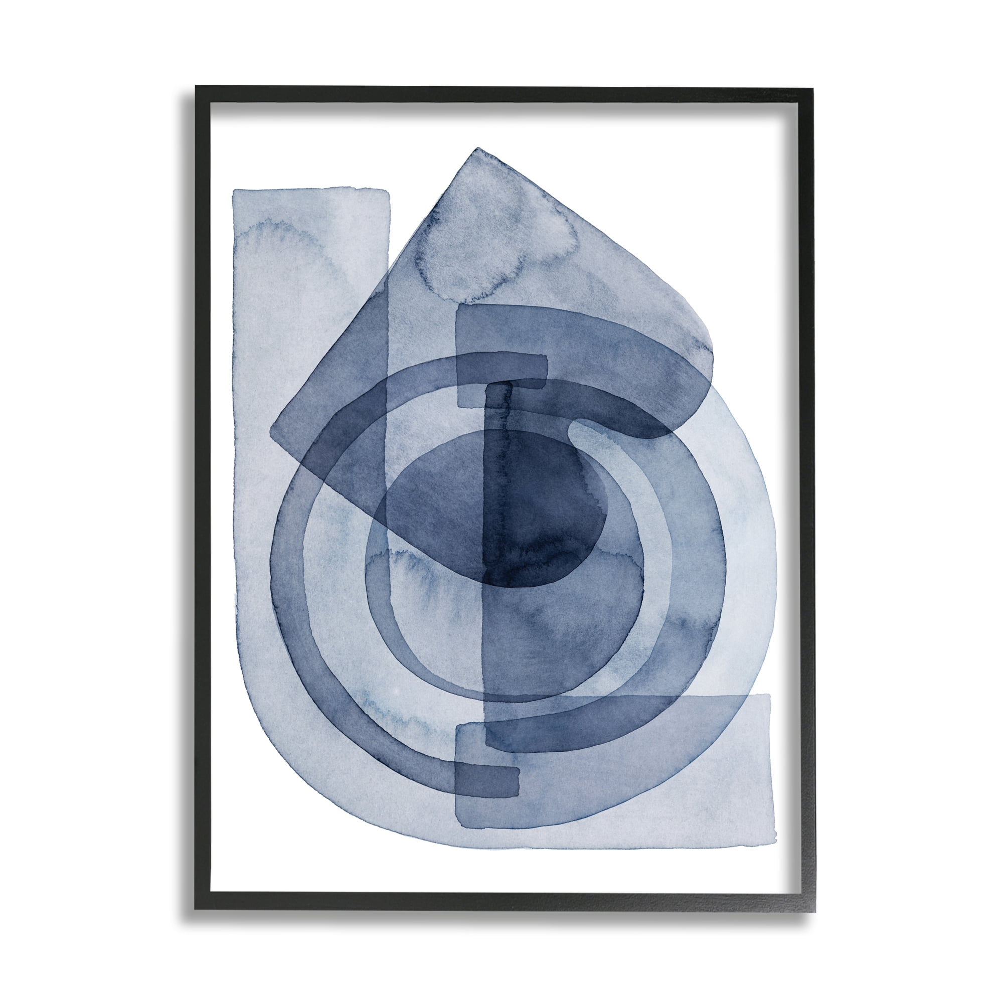Stupell Industries Layered Blue Opaque Shapes Central Circle Abstract Abstract Painting Black Framed Art Print Wall Art, 16 x 20