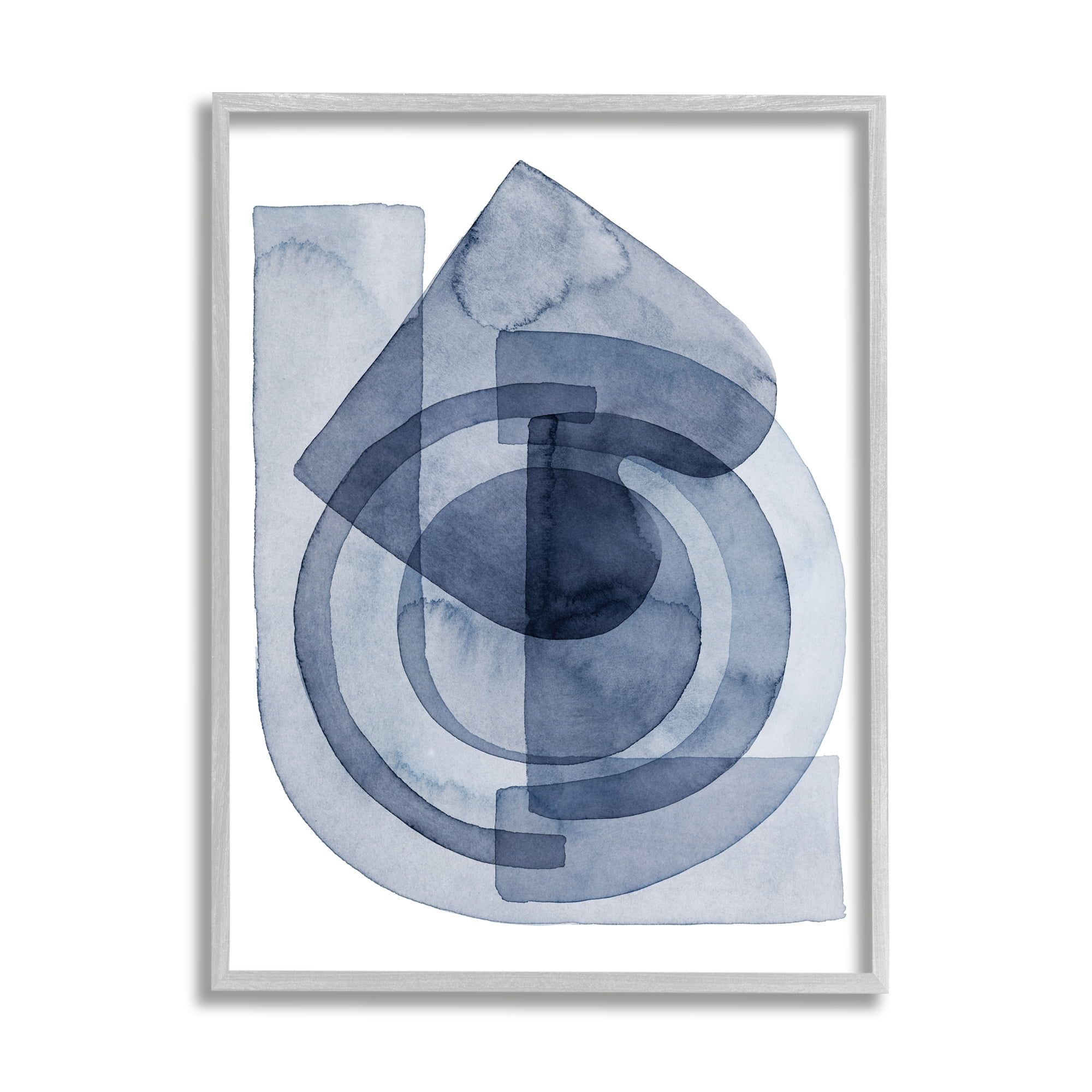 Stupell Industries Layered Blue Opaque Shapes Central Circle Abstract Abstract Painting Gray Framed Art Print Wall Art, 11 x 14