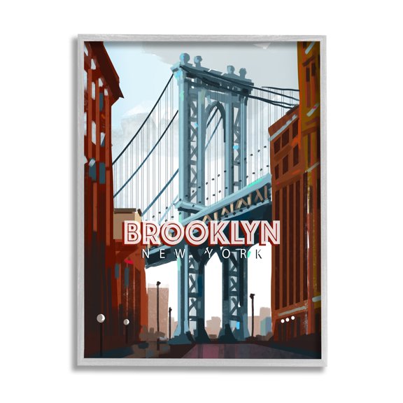 Stupell Industries Layered Brooklyn Bridge Architecture Urban Scenery Travel Graphic Art Gray Framed Art Print Wall Art, Design by David Owens Illustration