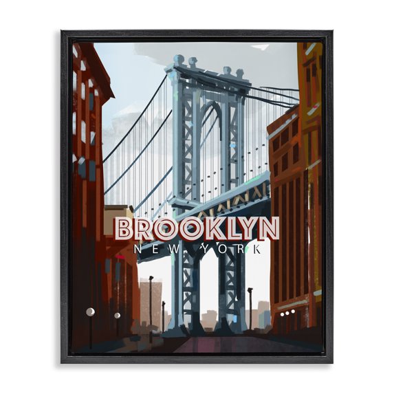 Stupell Industries Rustic Lodge Layered Brooklyn Bridge Architecture Urban Scenery Travel Black Floating Frame Canvas Art, 17 x 21, by David Owens Illustration