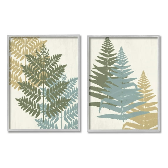 Stupell Industries Layered Fern Plants Botanical Leaves Muted Tones Graphic Art Gray Framed Art Print Wall Art, Set of 2, Design by Kim Allen