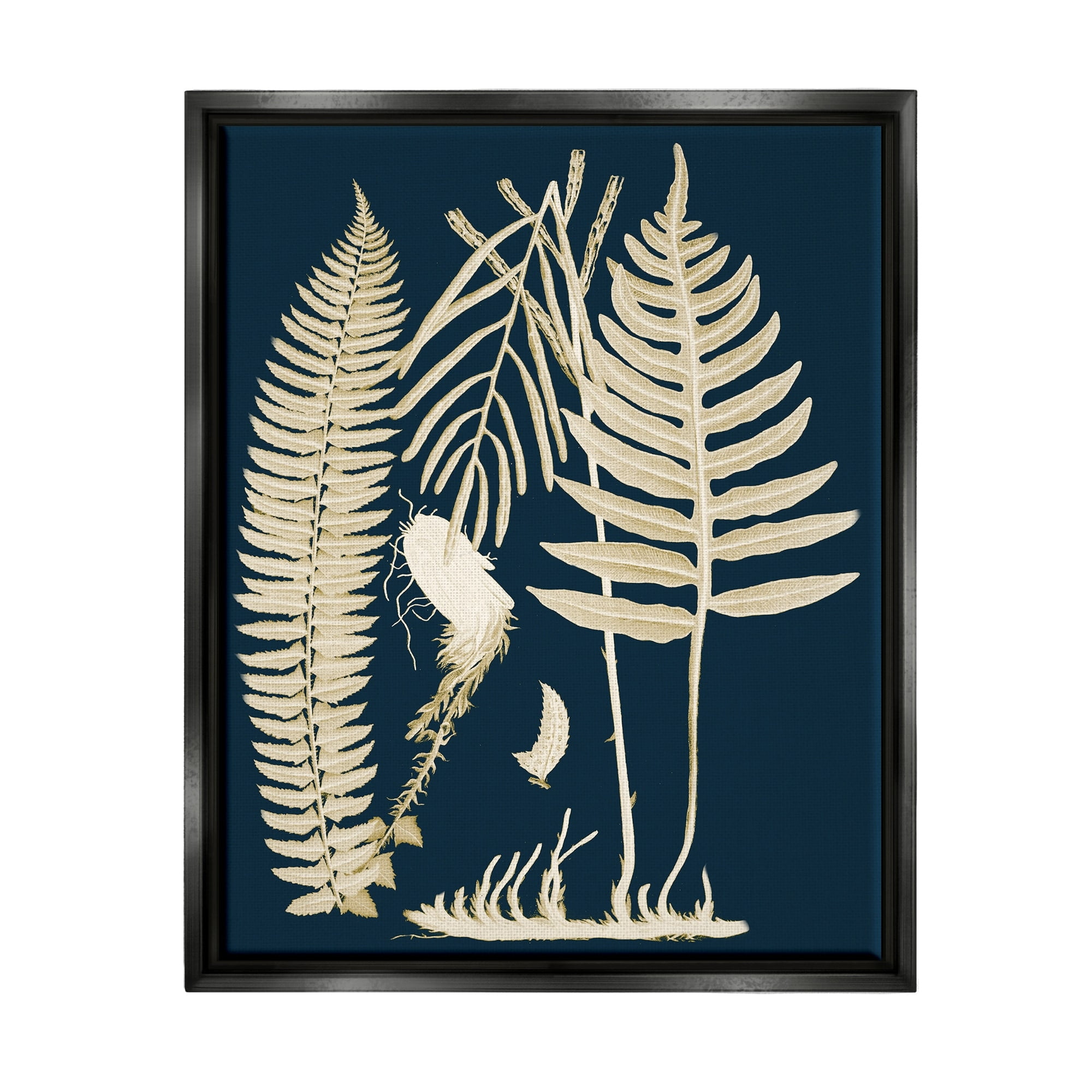 Stupell Industries Layered Ferns Botanical Roots Contemporary Abstract Design Graphic Art Jet Black Floating Framed Canvas Print Wall Art, Design by Piddix