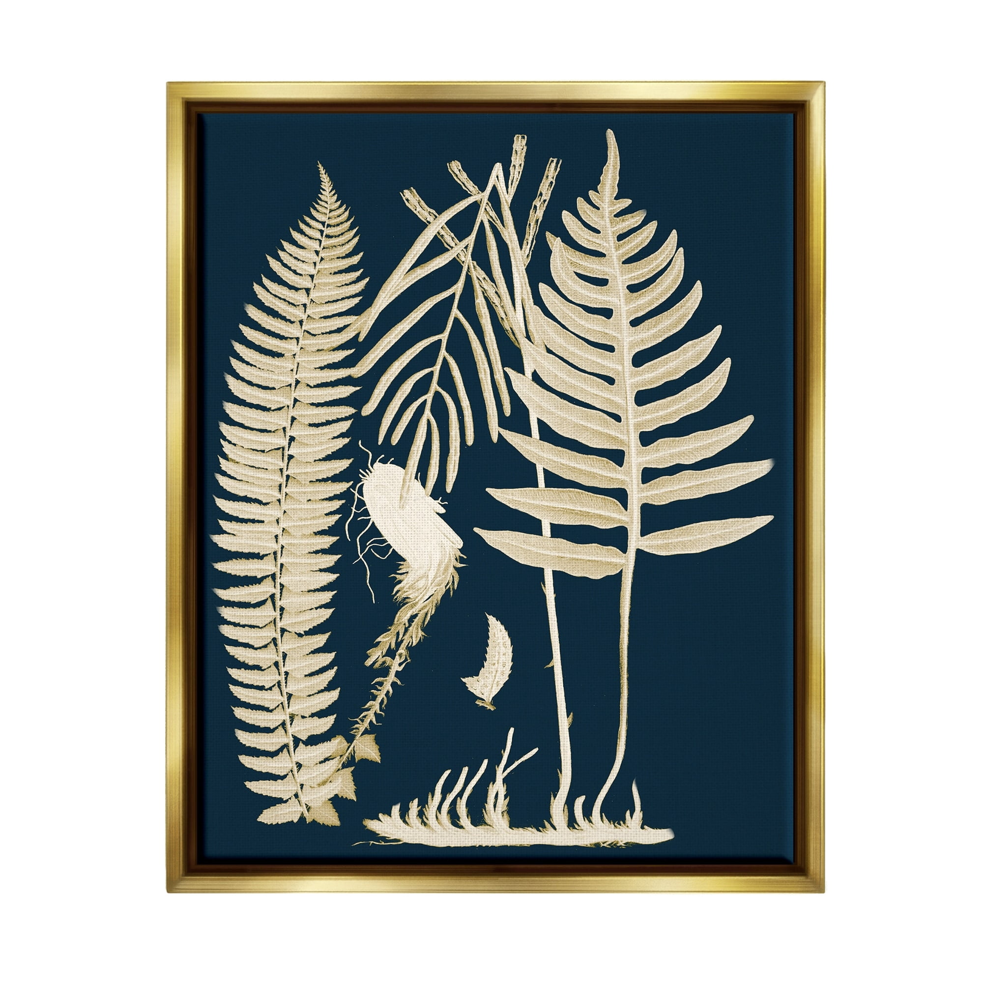 Stupell Industries Layered Ferns Botanical Roots Contemporary Abstract Design Graphic Art Metallic Gold Floating Framed Canvas Print Wall Art, Design by Piddix