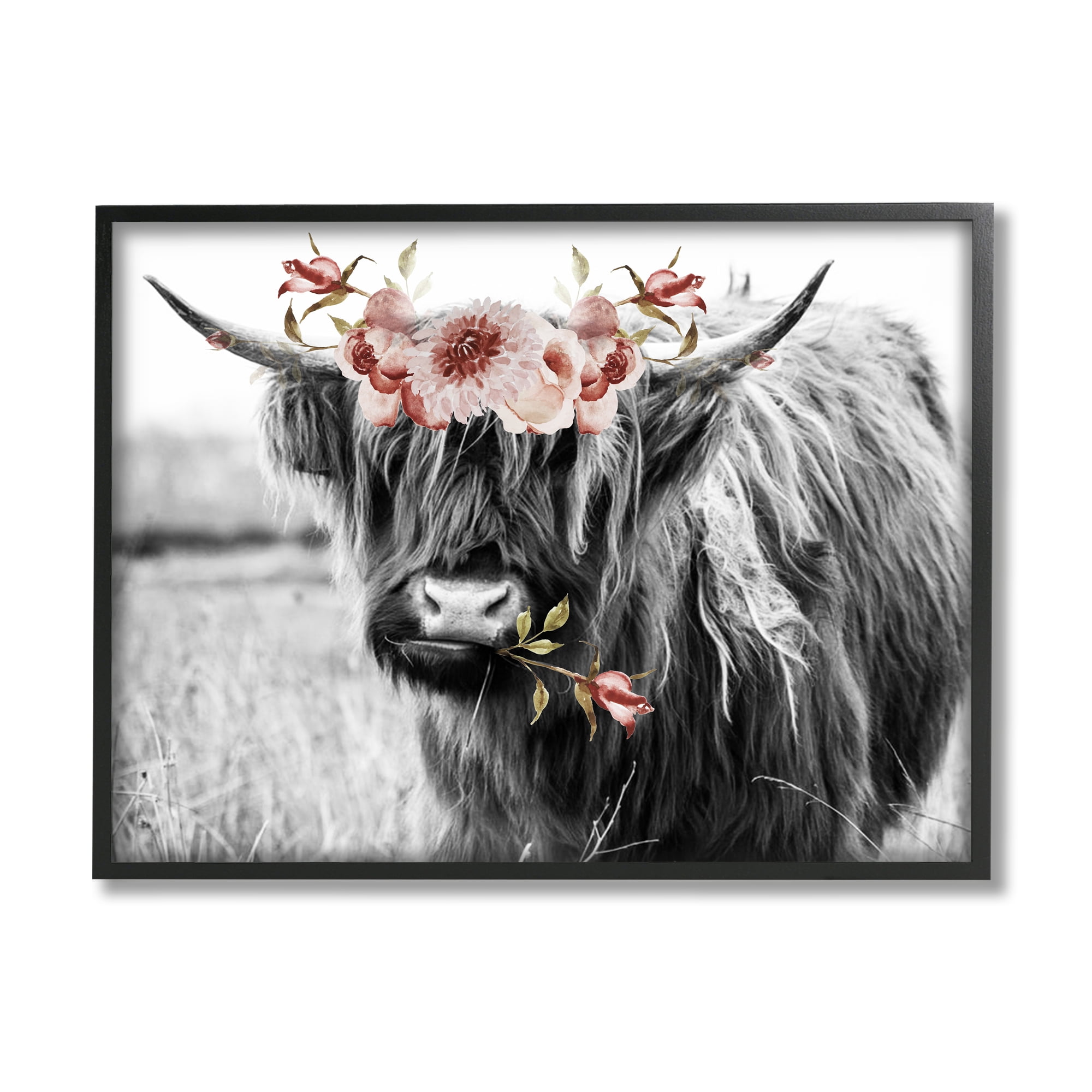 Stupell Industries Layered Floral Design Longhorn Cattle Monochrome Framed Wall Art, 14 x 11, Design by Amy Brinkman