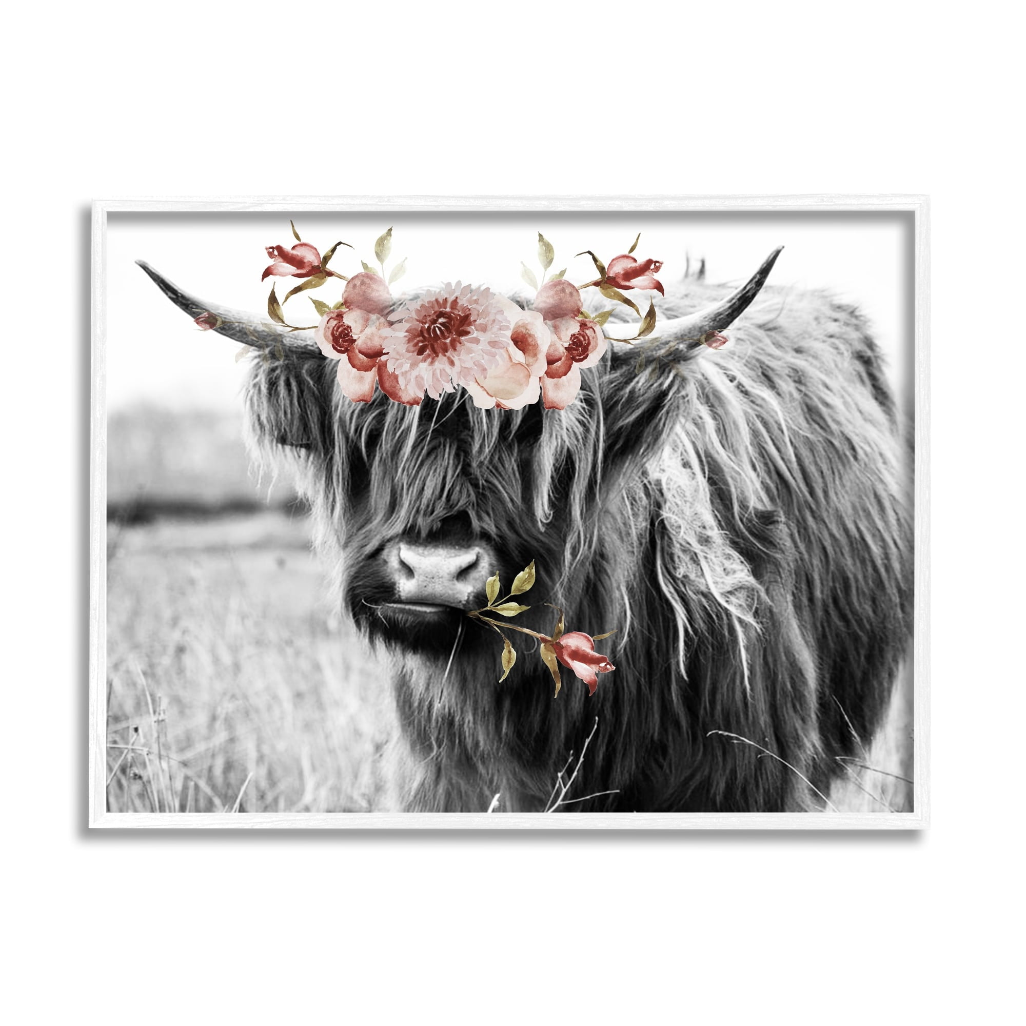 Stupell Industries Layered Floral Design Longhorn Cattle Monochrome Framed Wall Art, 30 x 24, Design by Amy Brinkman