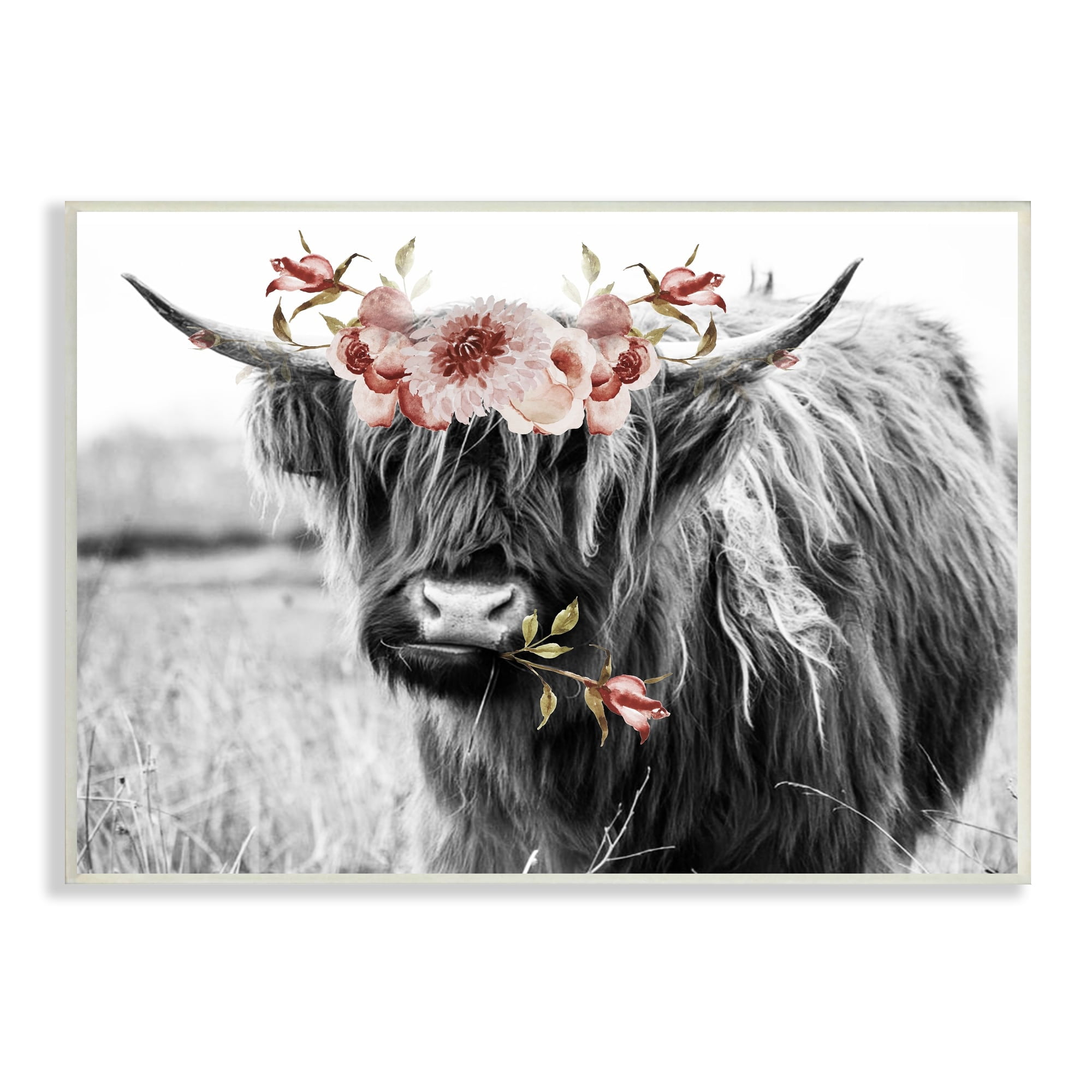 Stupell Industries Layered Floral Design Longhorn Cattle Monochrome Wood Wall Art, 19 x 13, Design by Amy Brinkman