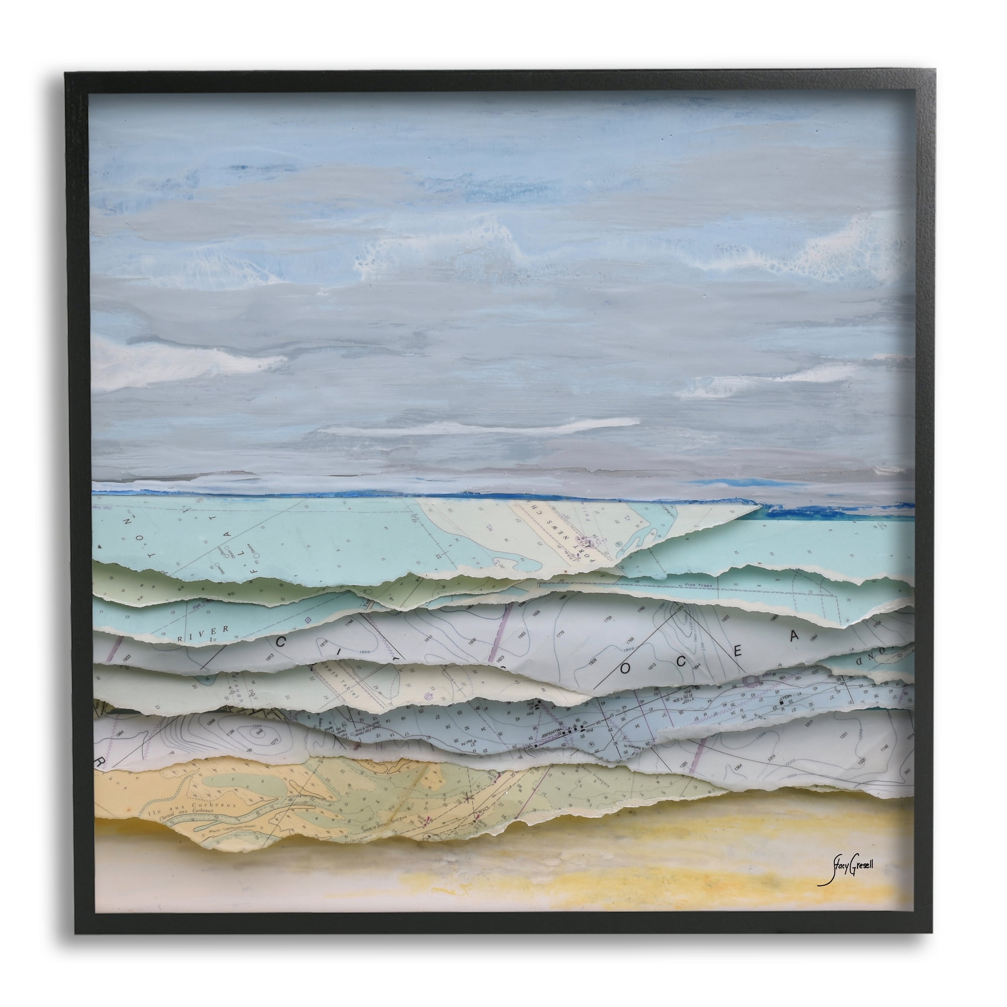 Stupell Industries Layered Map Clippings Beach Shoreline Abstract Collage Painting Black Framed Art Print Wall Art, Design by Stacy Gresell