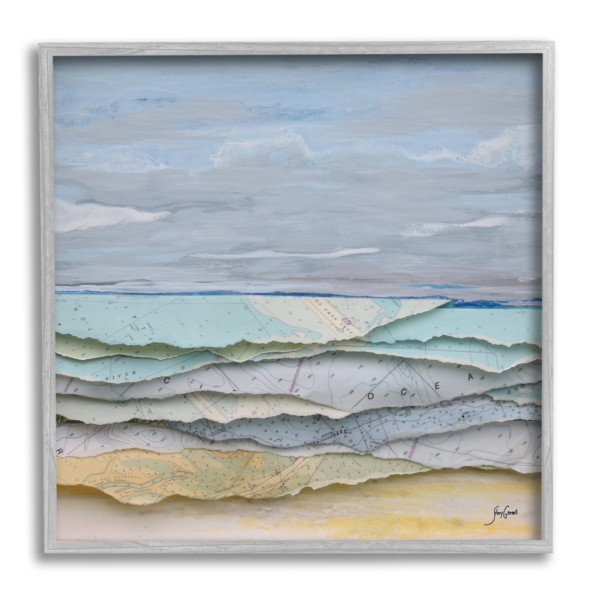 Gray Framed Abstract Coastal Collage Canvas Print, 12" x 12"