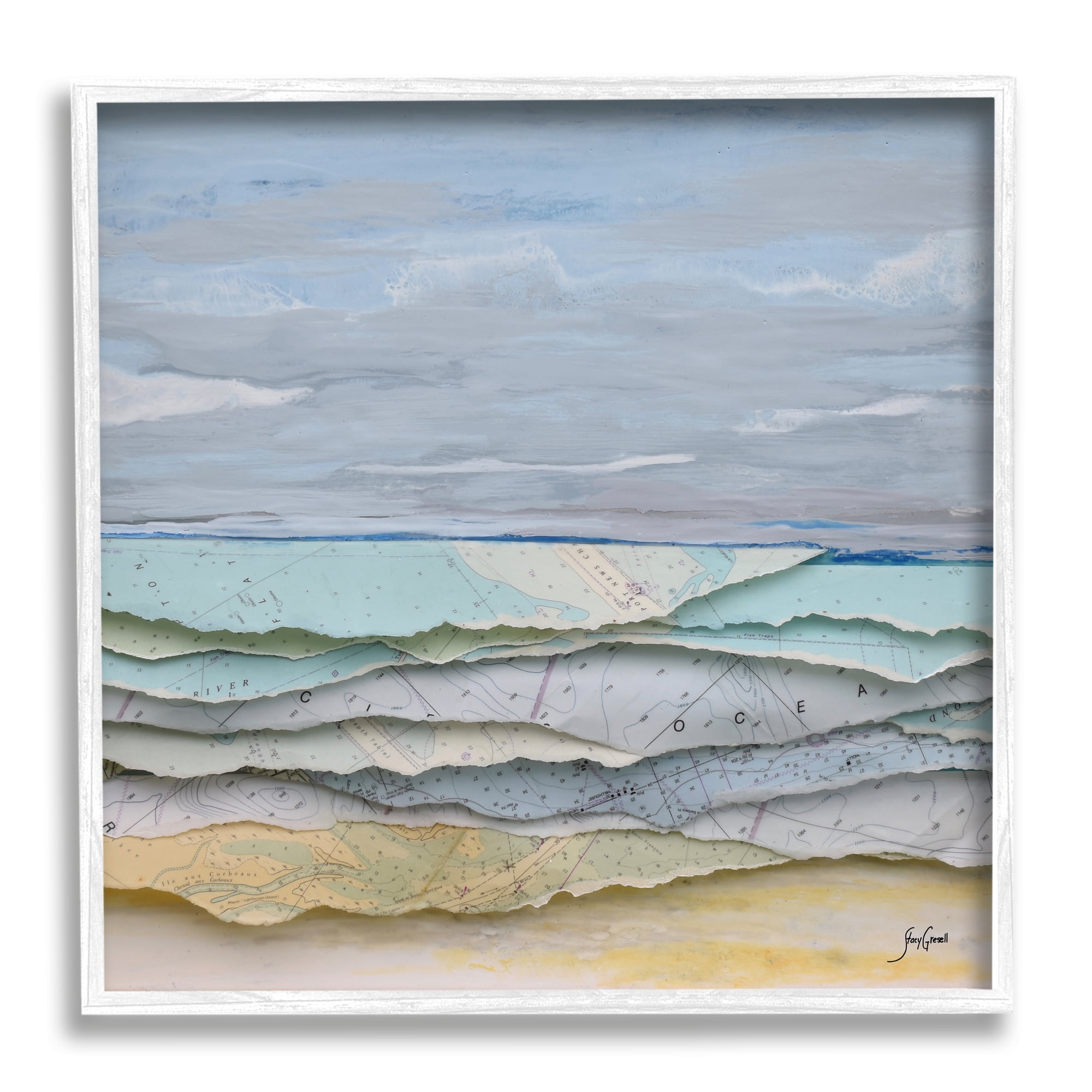 Stupell Industries Layered Map Clippings Beach Shoreline Abstract Collage Painting White Framed Art Print Wall Art, Design by Stacy Gresell