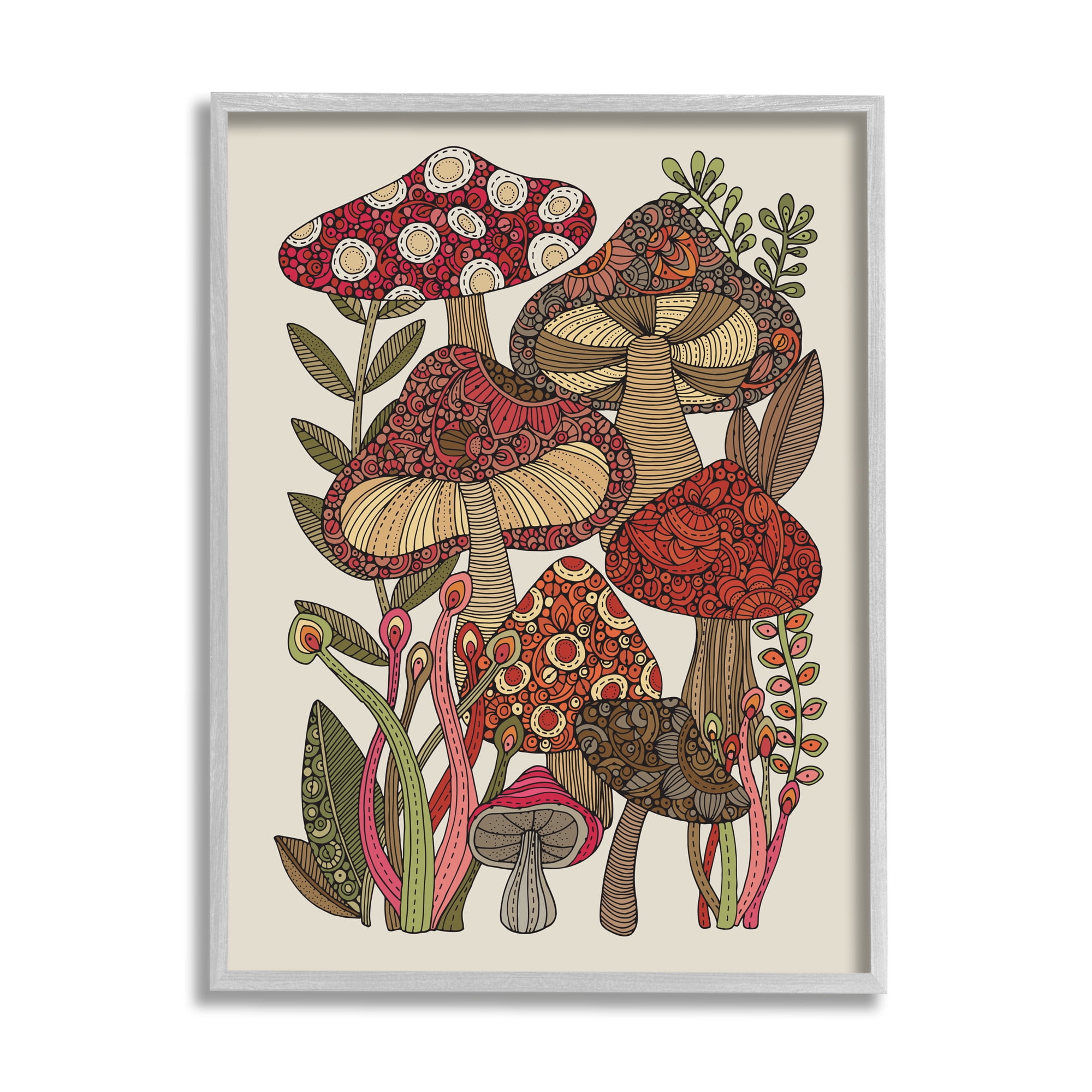 Stupell Industries Layered Mushrooms Nature Botanicals Intricate Floral Patterns Graphic Art Gray Framed Art Print Wall Art, Design by Valentina Harper