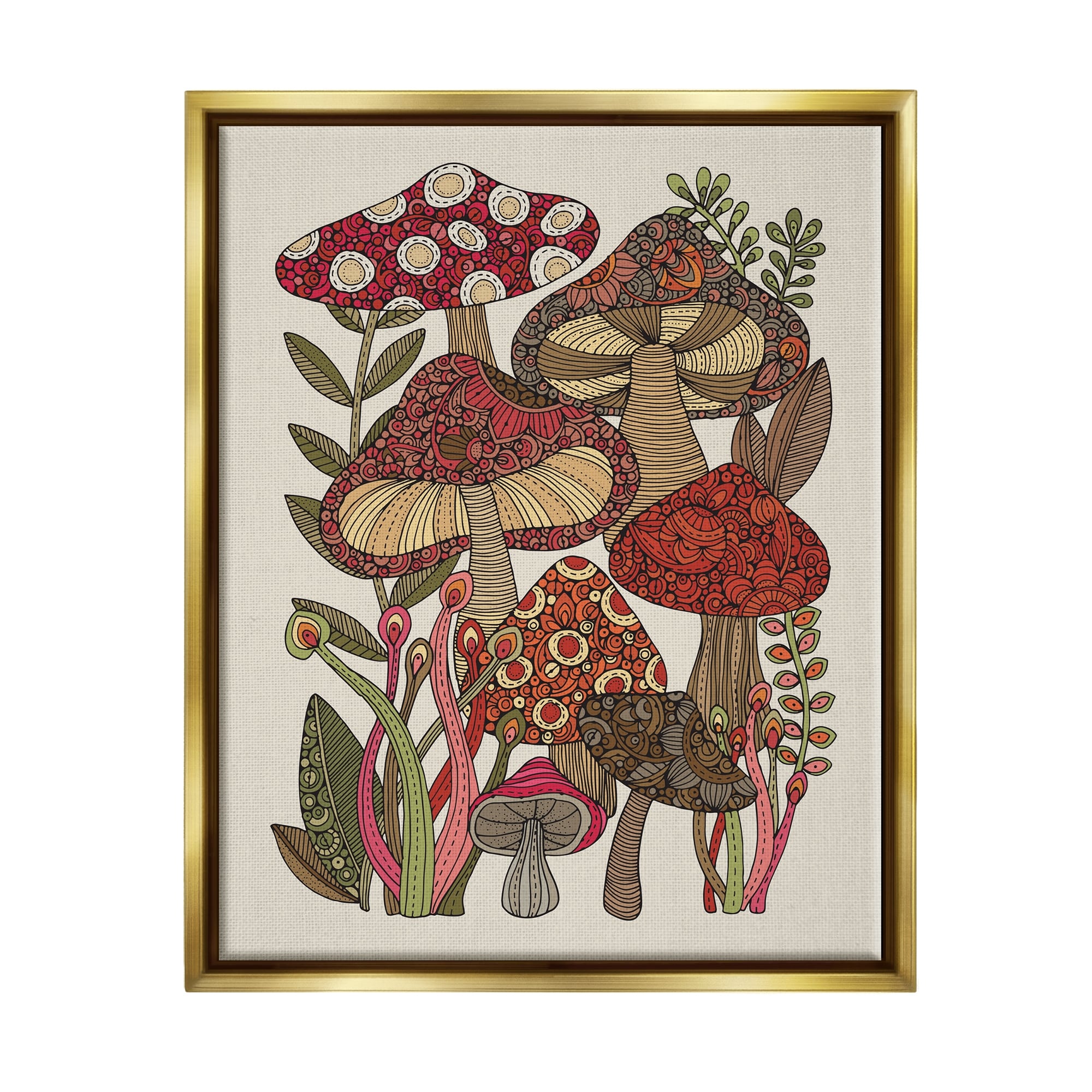 Stupell Industries Layered Mushrooms Nature Botanicals Intricate Floral Patterns Graphic Art Metallic Gold Floating Framed Canvas Print Wall Art, Design by Valentina Harper